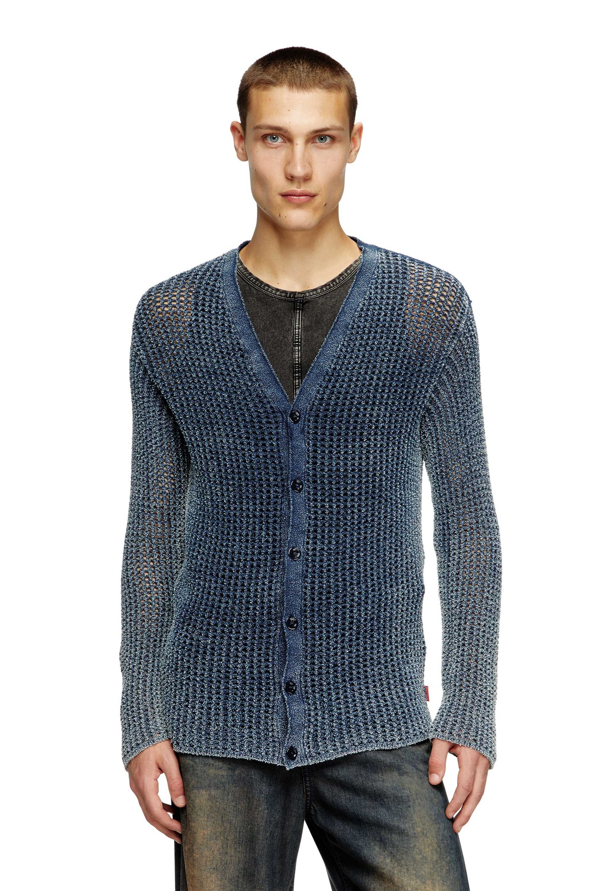 Diesel - K-REDRAM, Cardigan en maille mesh en fil de denim Homme in Bleu - 3
