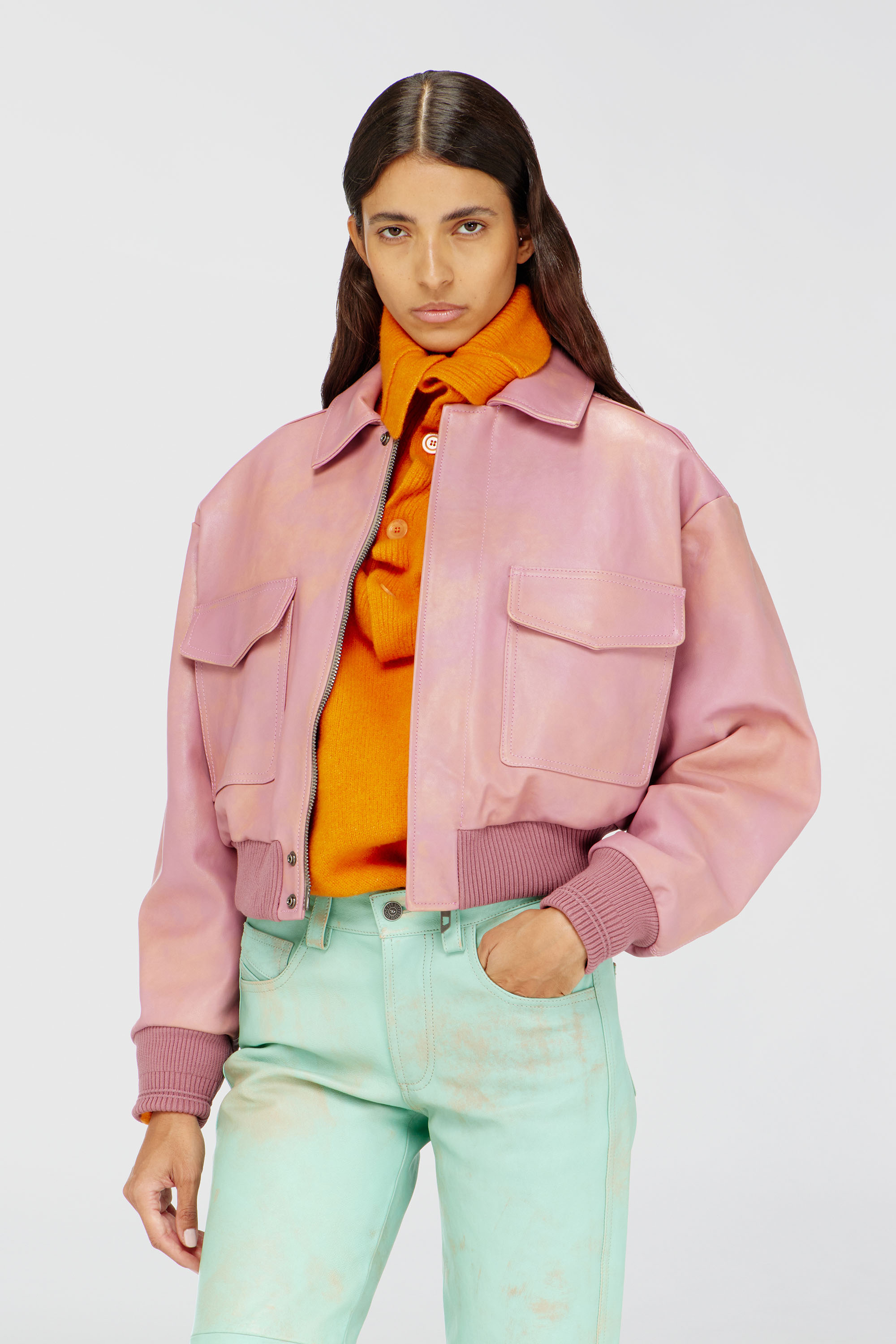 Diesel - L-AVIA, Blouson aviateur en cuir trait&eacute; Femme in Rose - 1