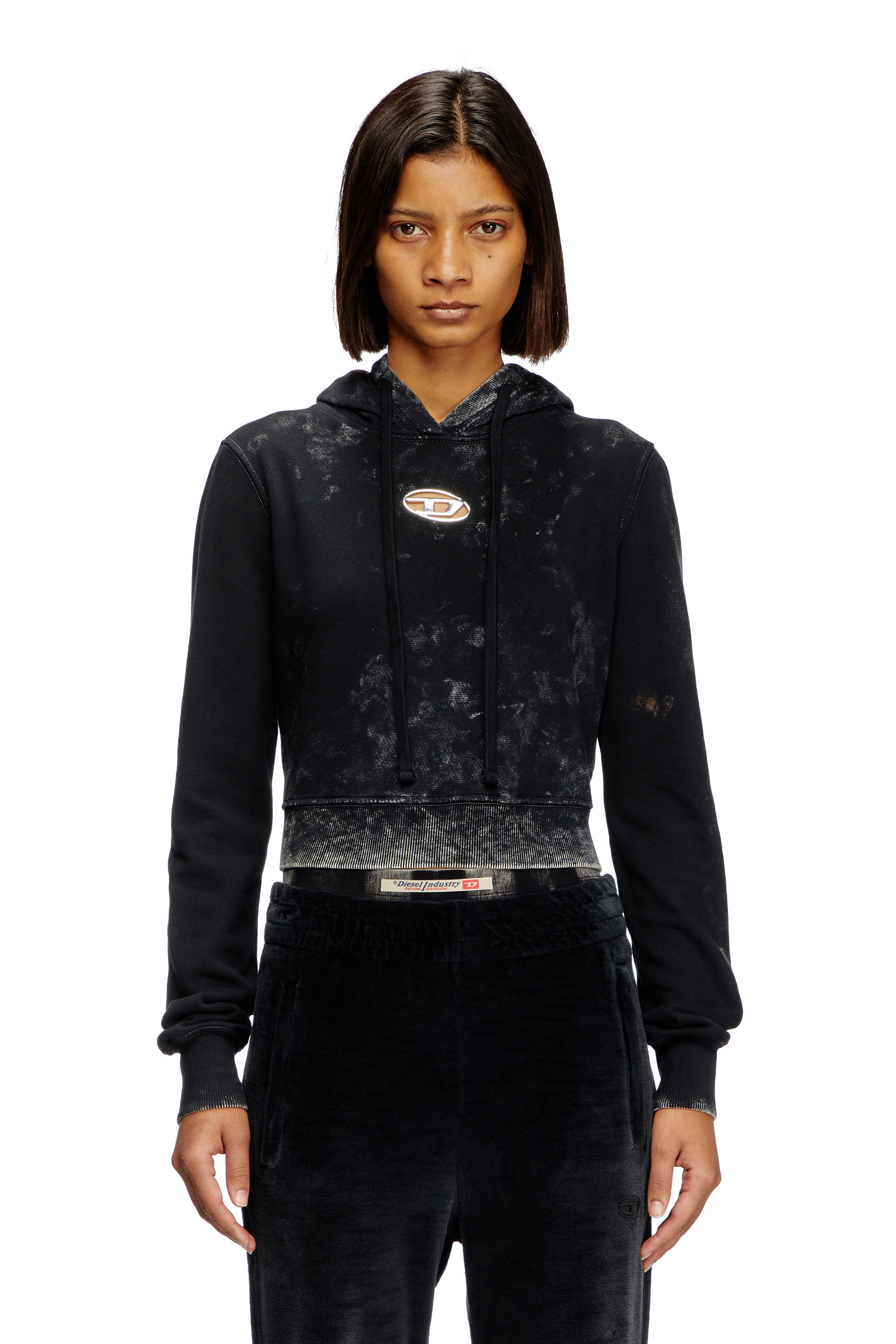 F-SLIMMY-HOOD-P5, Schwarz Diesel - F-SLIMMY-HOOD-P5, Damen Verblasster Cut-out-Hoodie mit Metall-Logo in Schwarz - 3