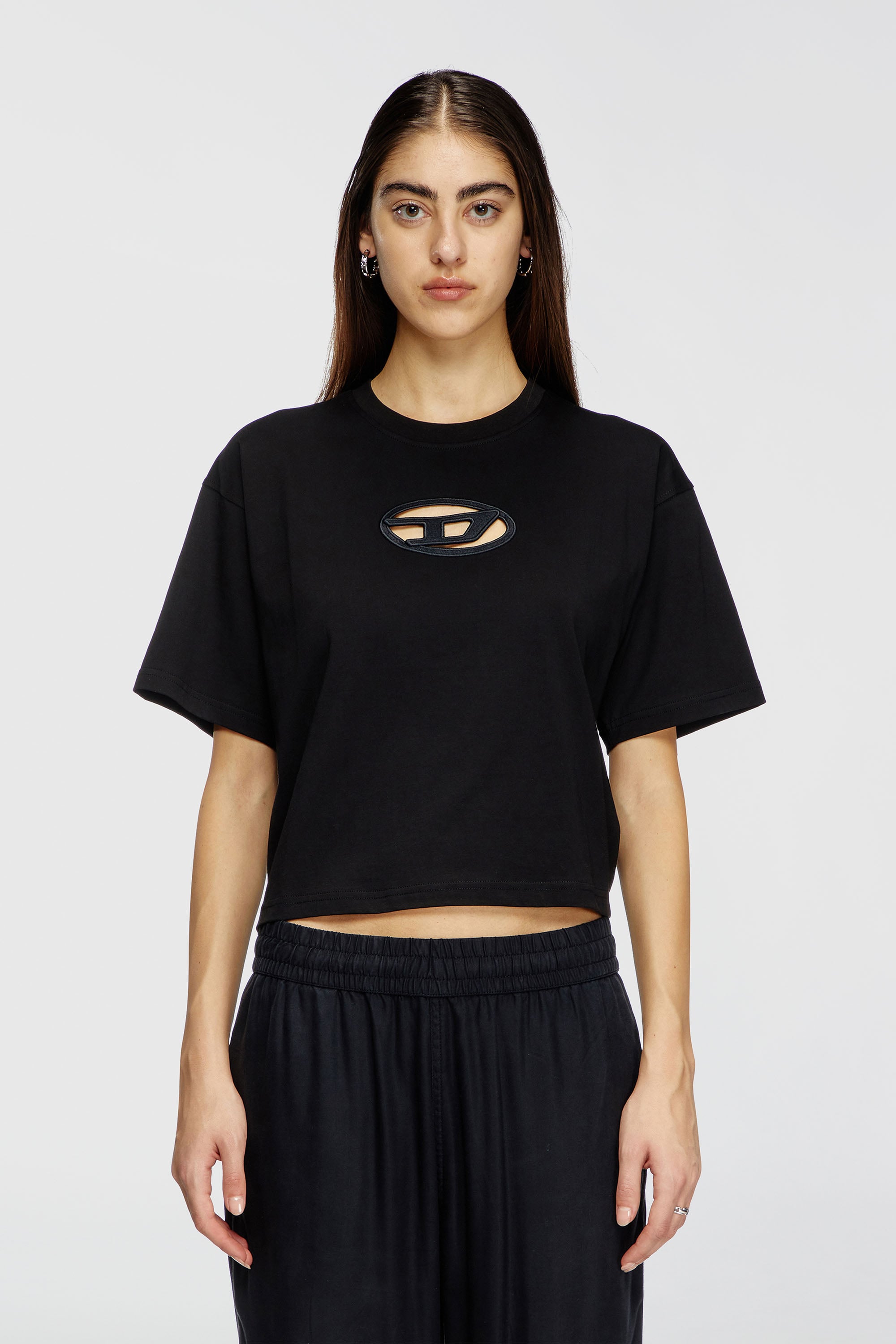 Diesel - T-BUXT-CROP-OD, T-shirt boxy con Oval D cut-out Donna in Nero - 1