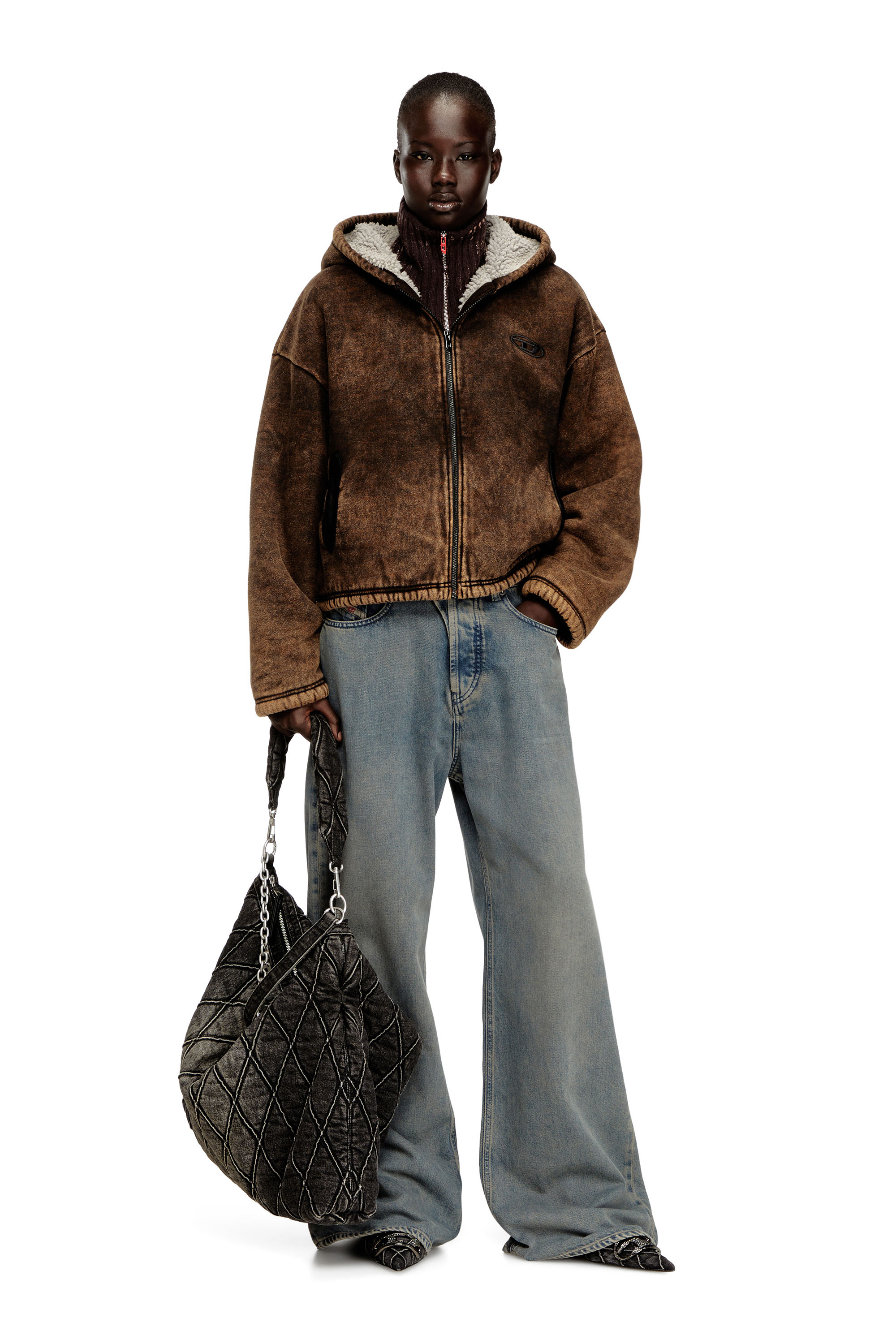 Diesel - F-ELLA, Hoodie zippé délavé à l'acide avec doublure en peluche. Femme in ToBeDefined - 1
