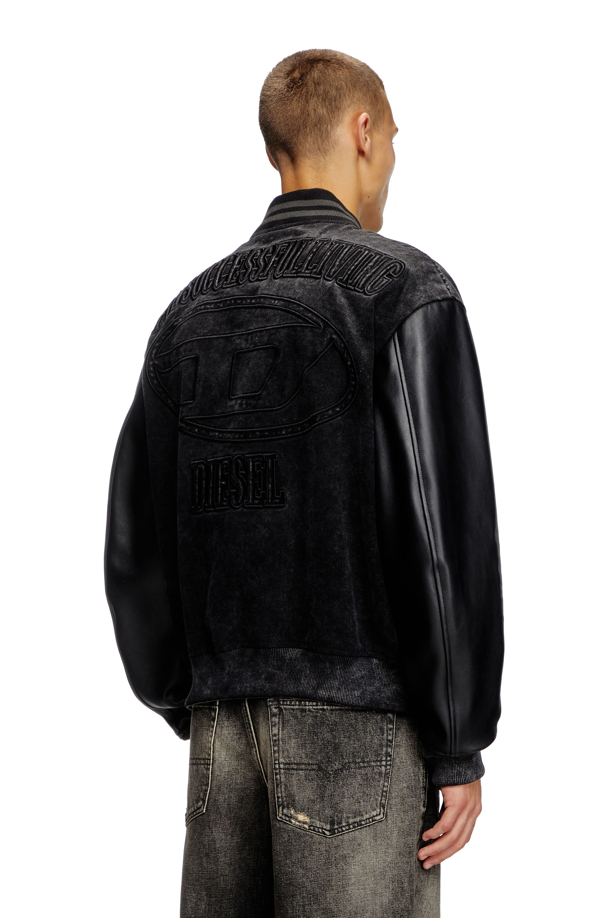 Diesel - L-NYN, Veste bomber en denim et cuir Homme in Noir - 4