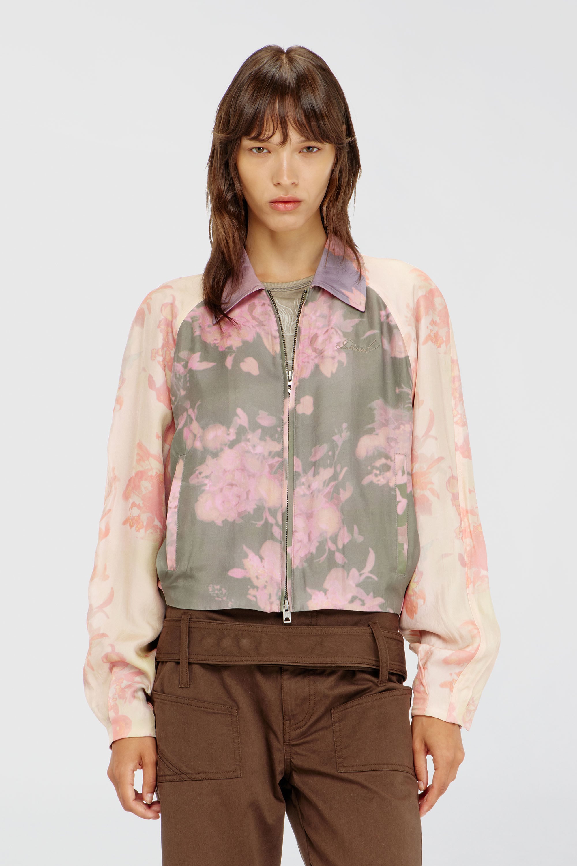 Diesel - G-ALENA, Blouson bomber fleuri en ac&eacute;tate froiss&eacute; Femme in Polychrome - 1