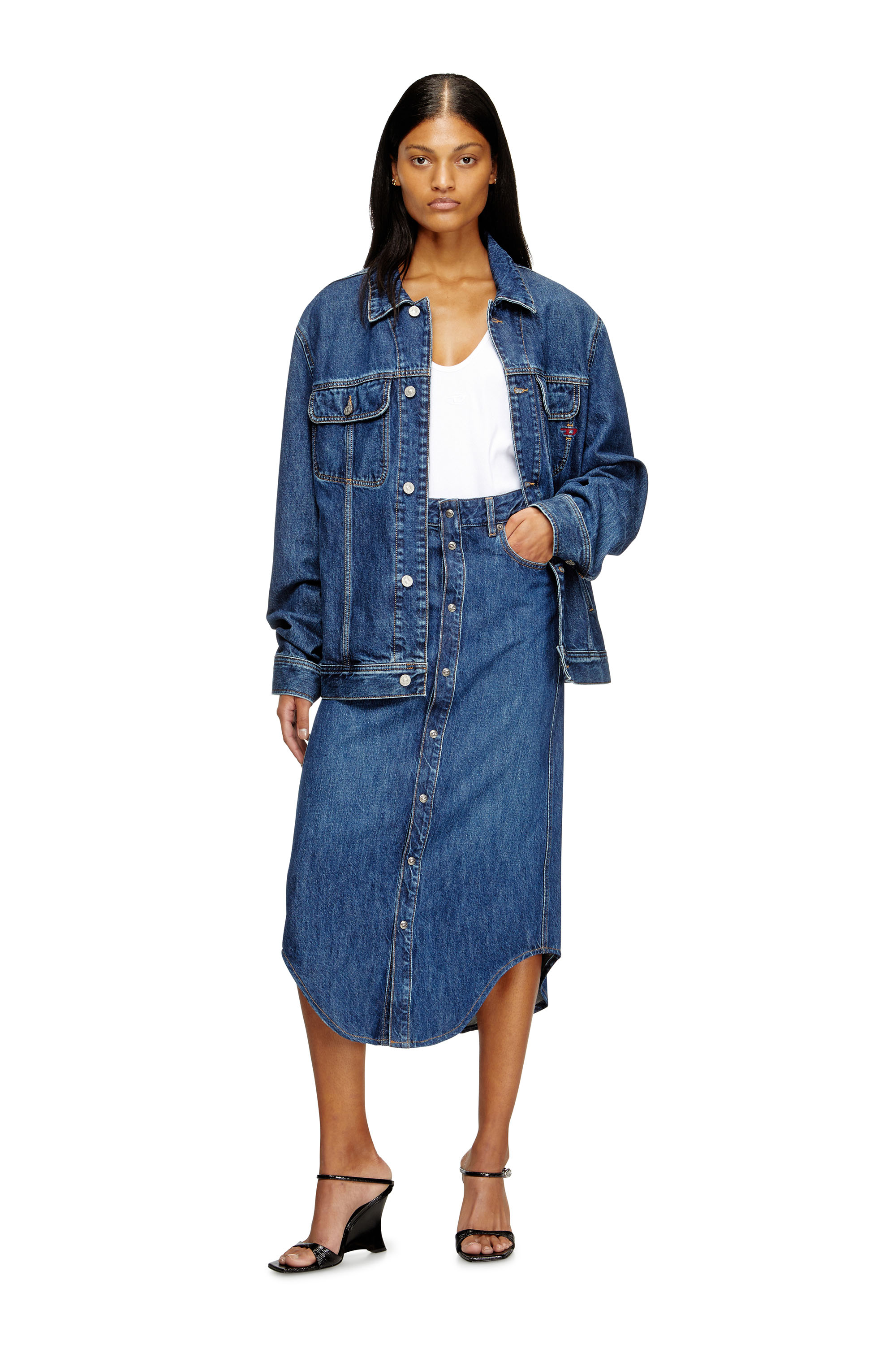 Diesel - DE-ARD-LONG, Damen Jeansrock mit Frontknöpfen in Blau - 1
