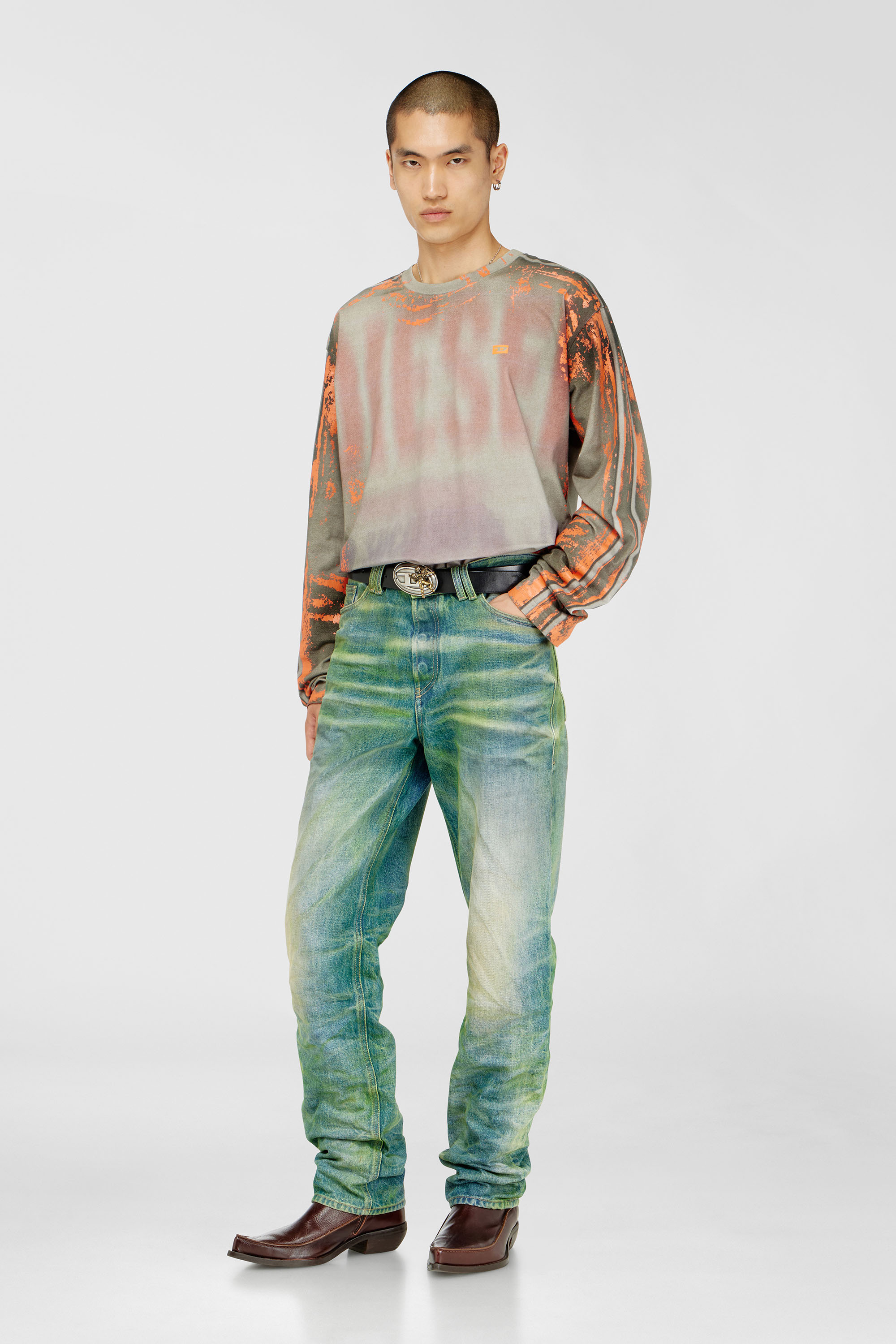 Diesel - T-FILMY, Herren Langarmshirt aus Cracked Jersey in Grau/Orange - 1