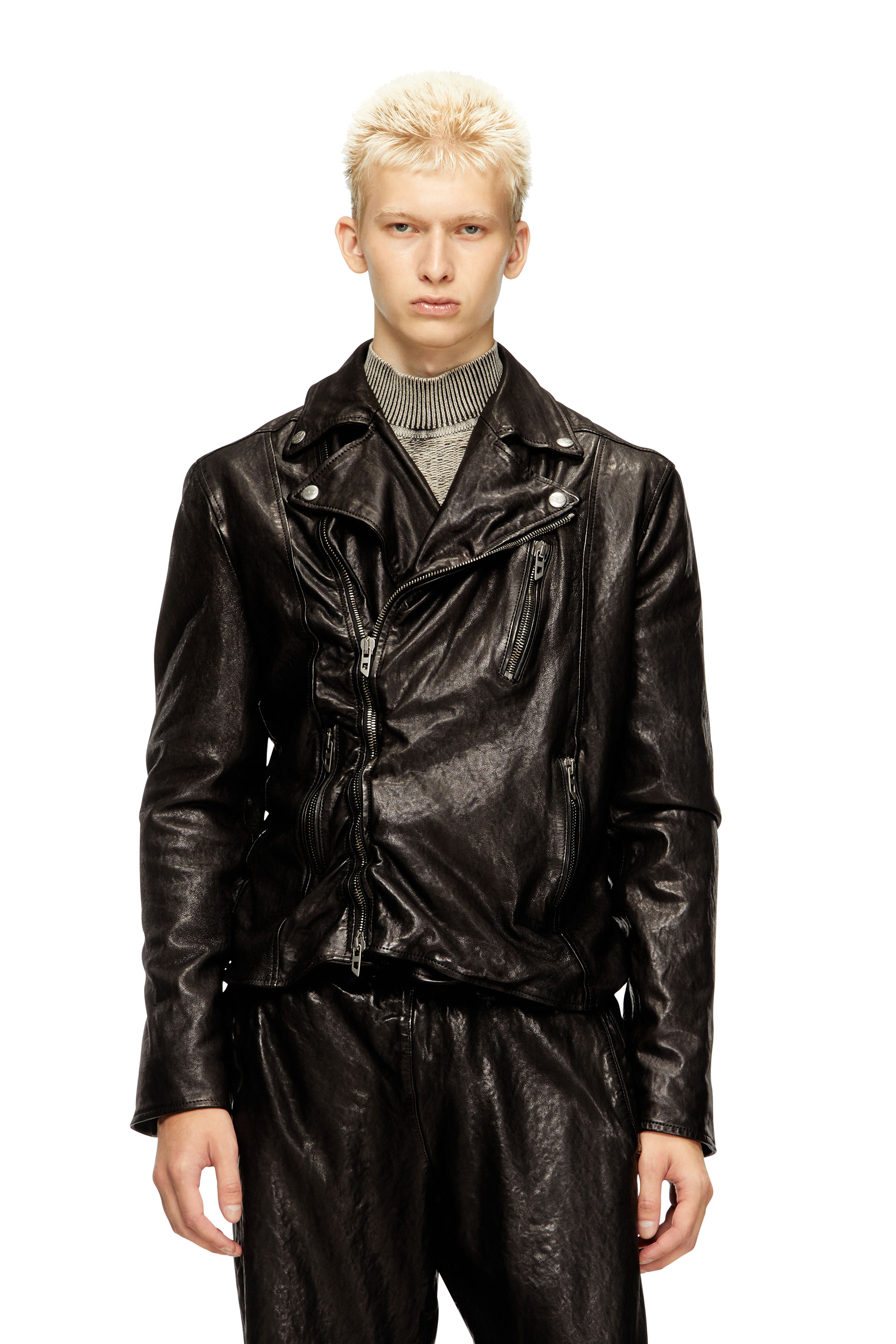 Diesel - L-UNCAN, Giacca biker in cuir-bouilli Uomo in Nero - 3