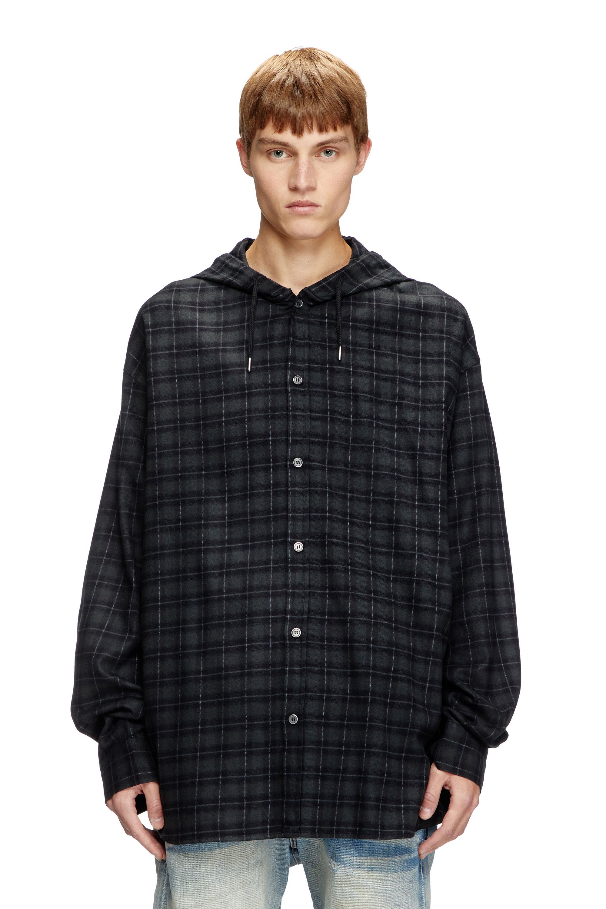 Diesel - S-DEWNY-HOOD-B, Camicia con cappuccio in flanella a quadri Uomo in Nero - 1