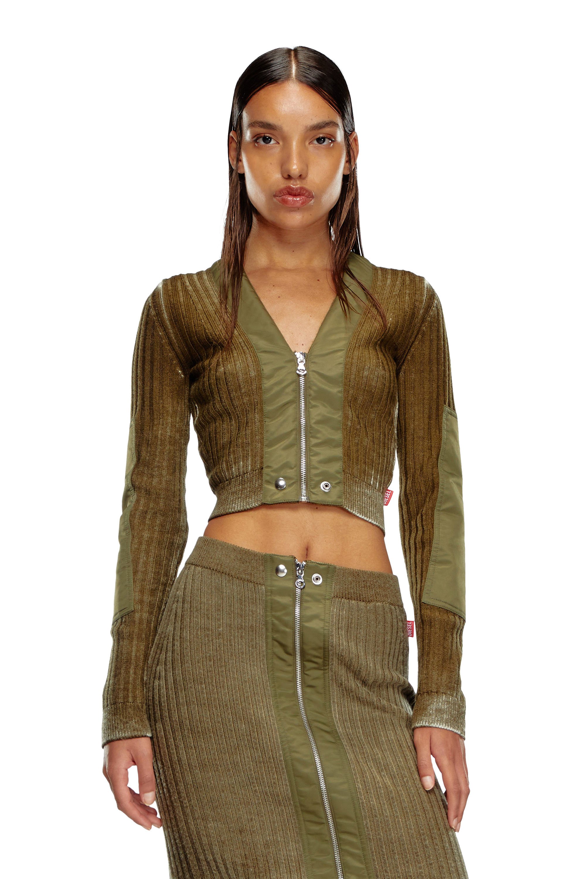 Diesel - M-ASERA, Cardigan crop en laine avec bordures en nylon Femme in Vert - 1