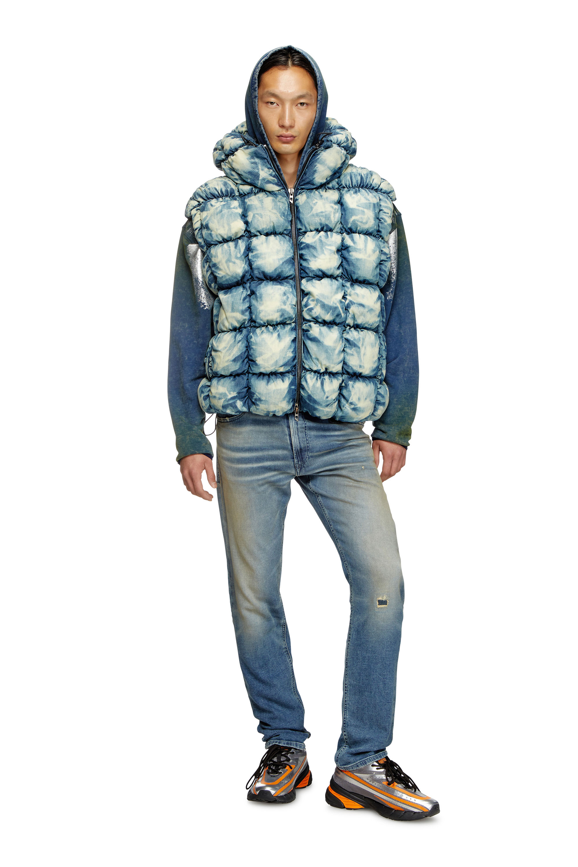 Diesel - W-THYS, Gilet doudoune en denim tie-dye Mixte in Bleu - 3