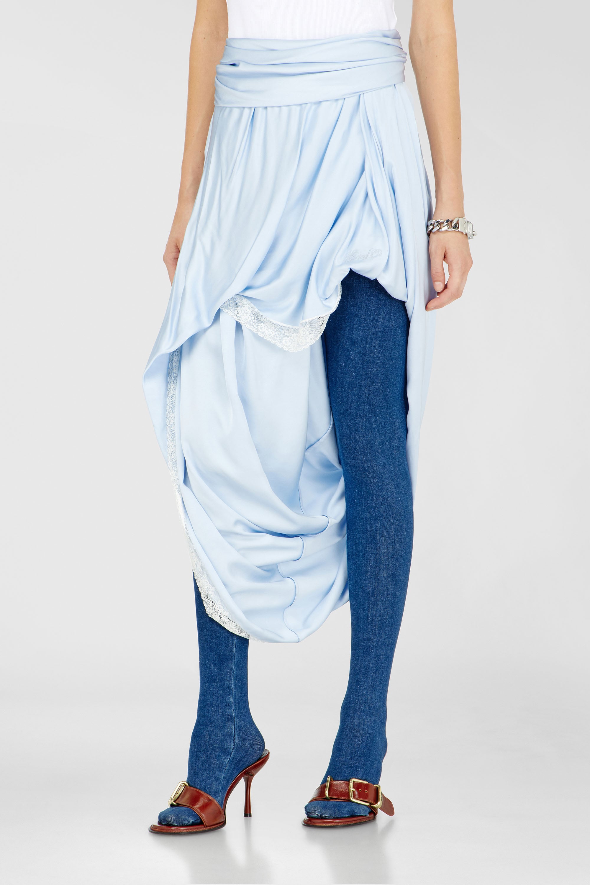 Diesel - O-WANDA, Damen Midirock aus Satin mit Spitzenbesatz in Hellblau - 1