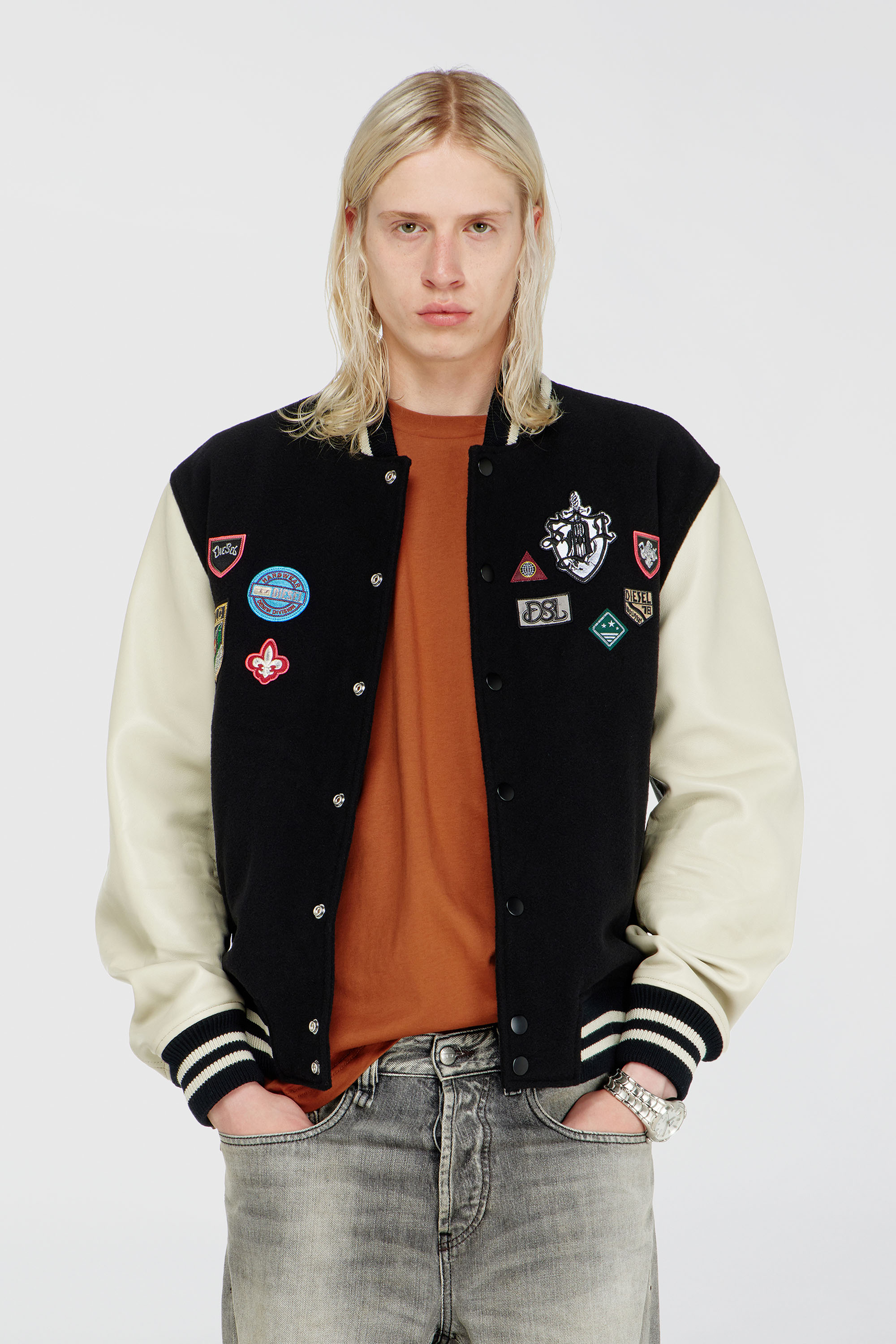 Diesel - L-ARRY-PATCH, Man's Wool and leather bomber jacket with patches in White/Black - 1