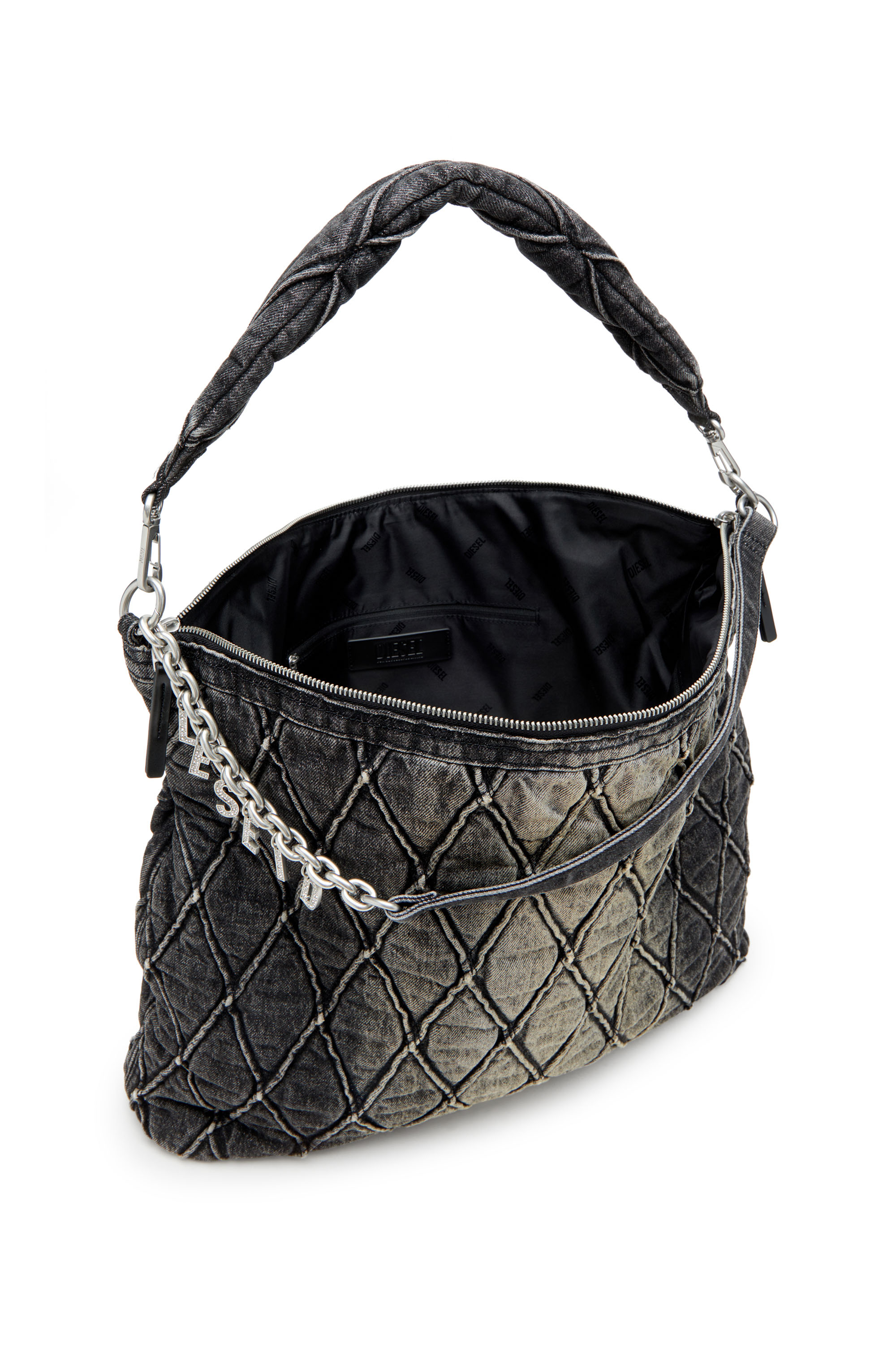 Diesel - CHARM-D HOBO, Grand sac hobo en denim matelassé traité Femme in Noir - 4