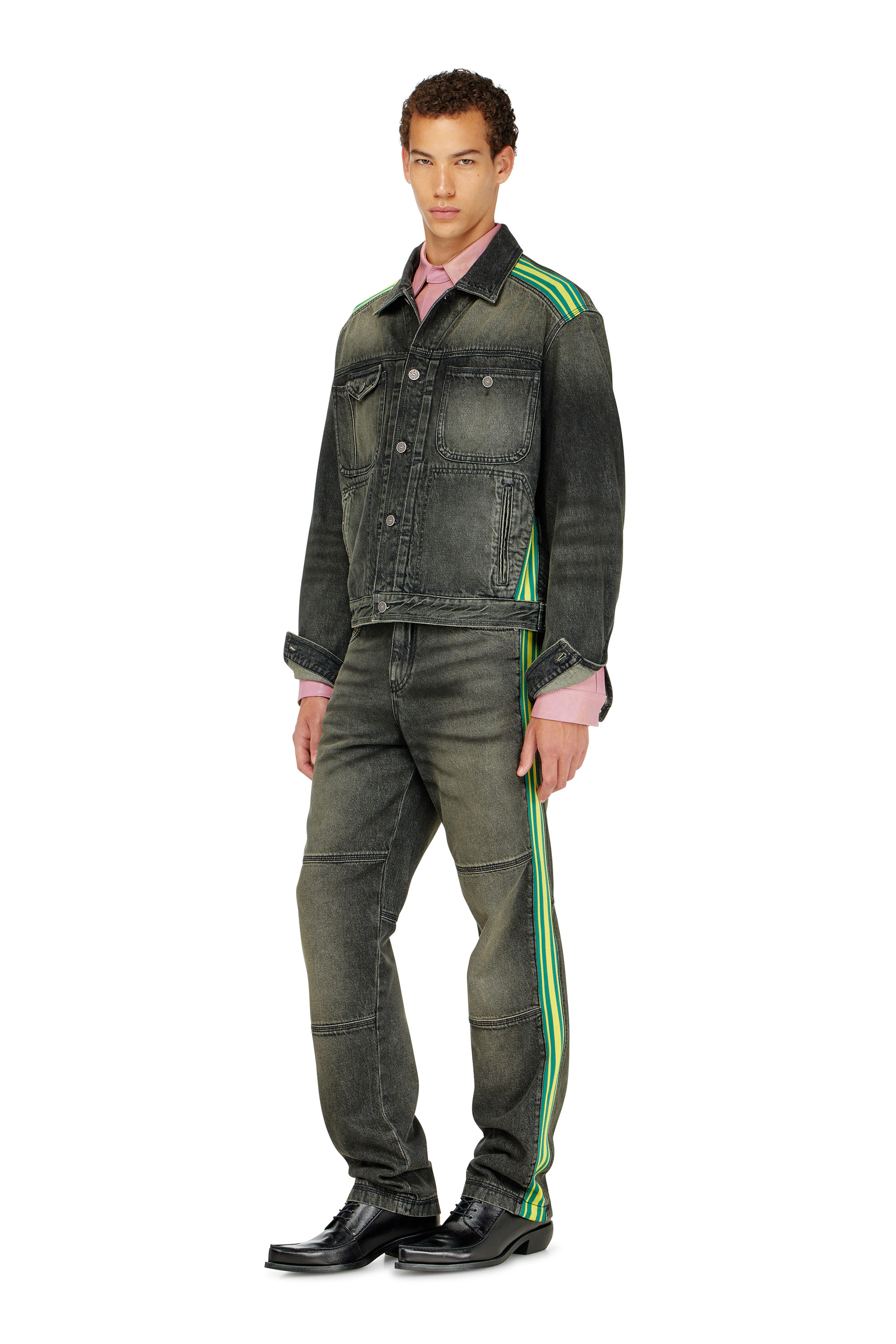 Diesel - D-BAS-FSJ1, Veste trucker avec bandes ray&eacute;es sur les &eacute;paules Homme in Noir - 1