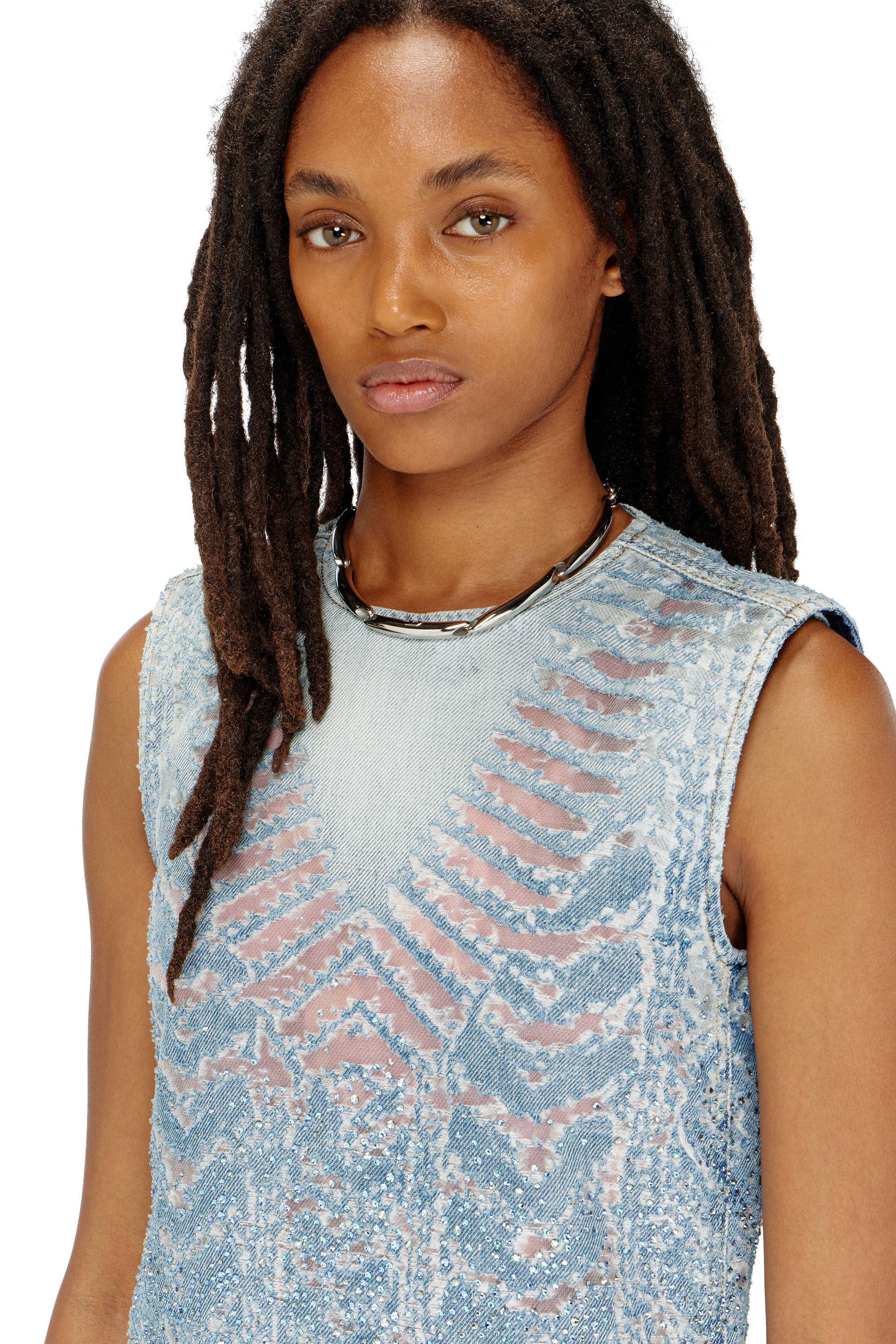 Diesel - DE-MYRELA-S, Robe courte en denim microstone devor&eacute; Femme in Bleu - 4