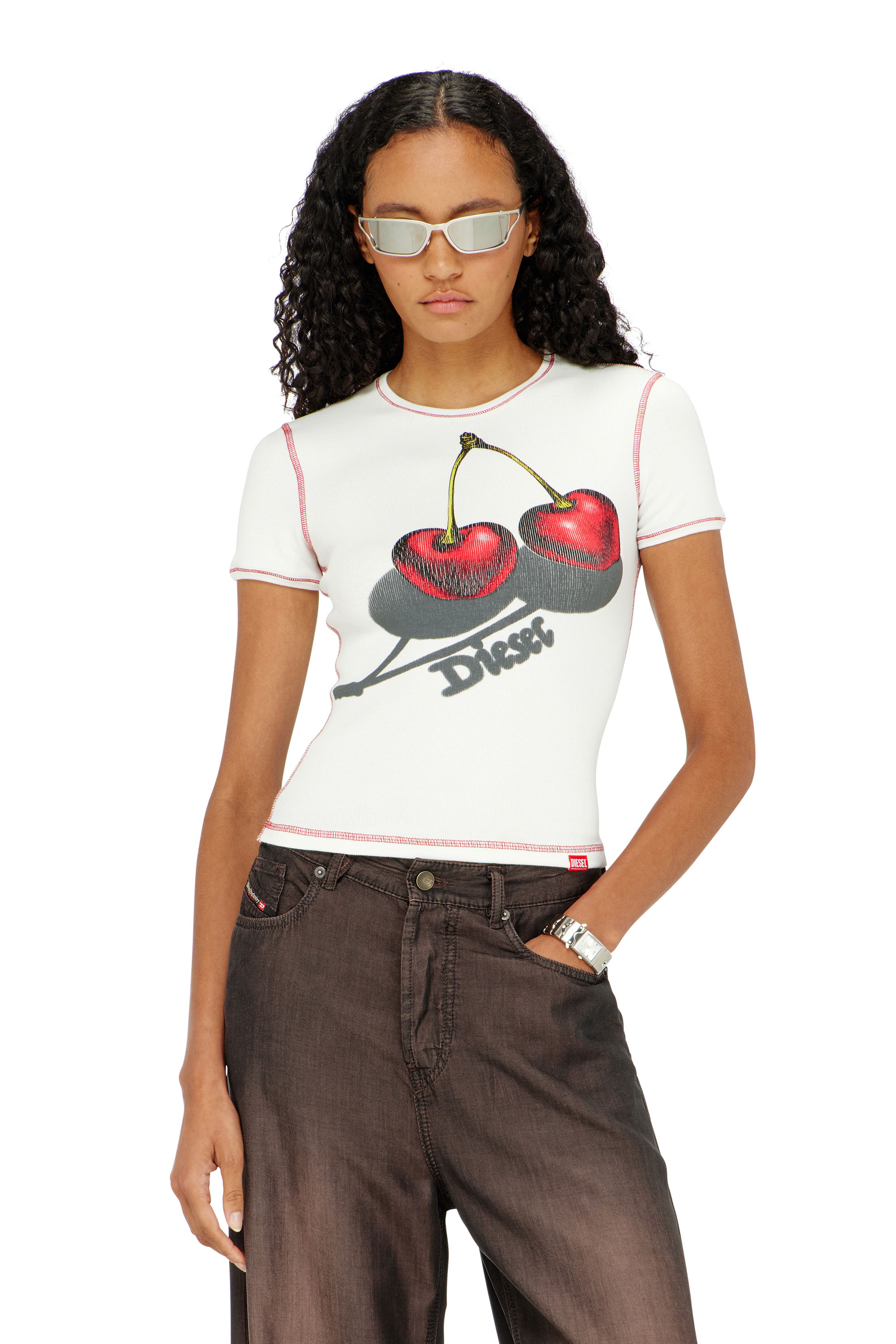 Diesel - SV-T-ELE-CHER, T-shirt en coton slim avec imprim&eacute; cerise Femme in Blanc - 3