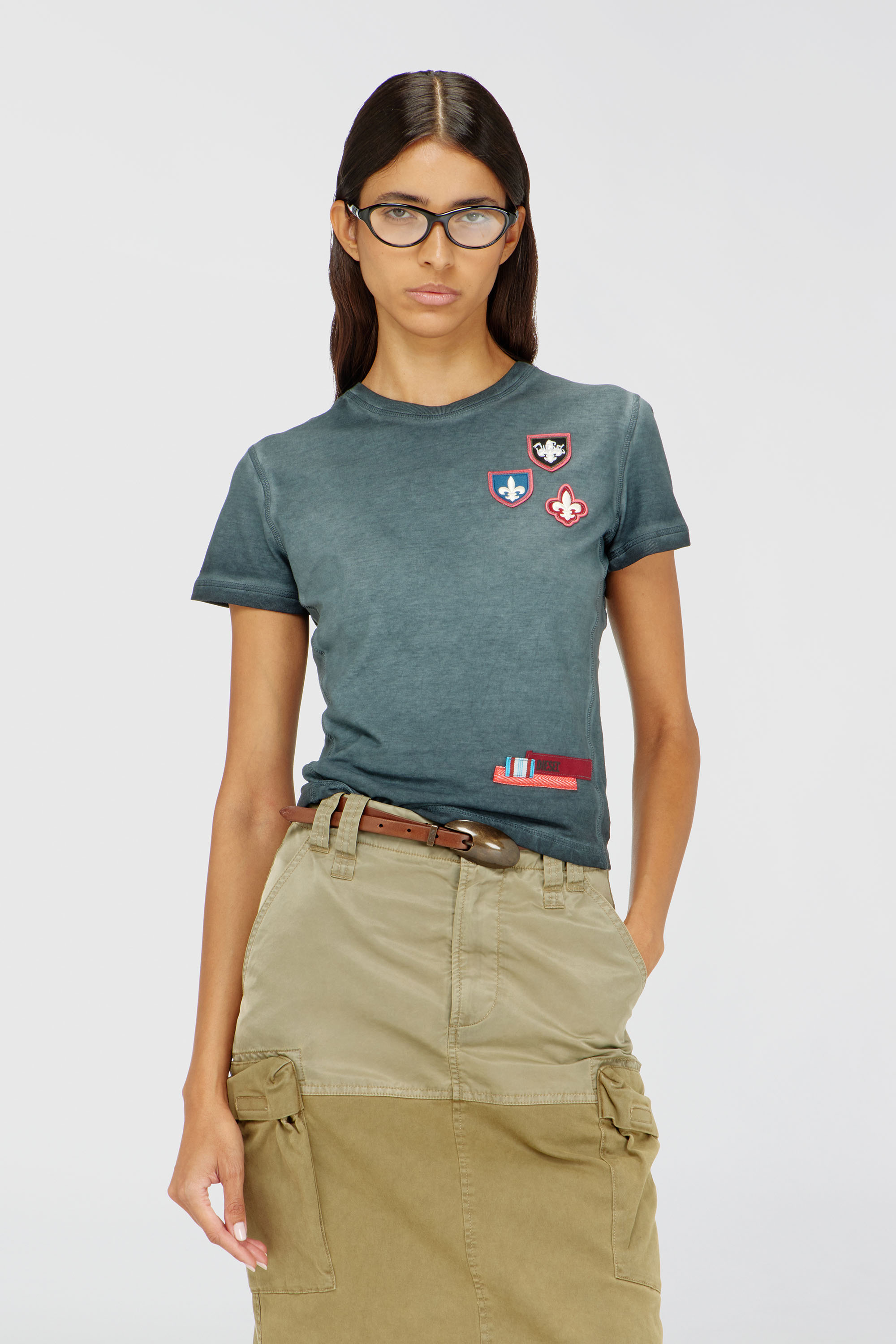 Diesel - T-UNCUTY-WAF, T-shirt con patch e inserti laterali microwaffle Donna in Verde - 1