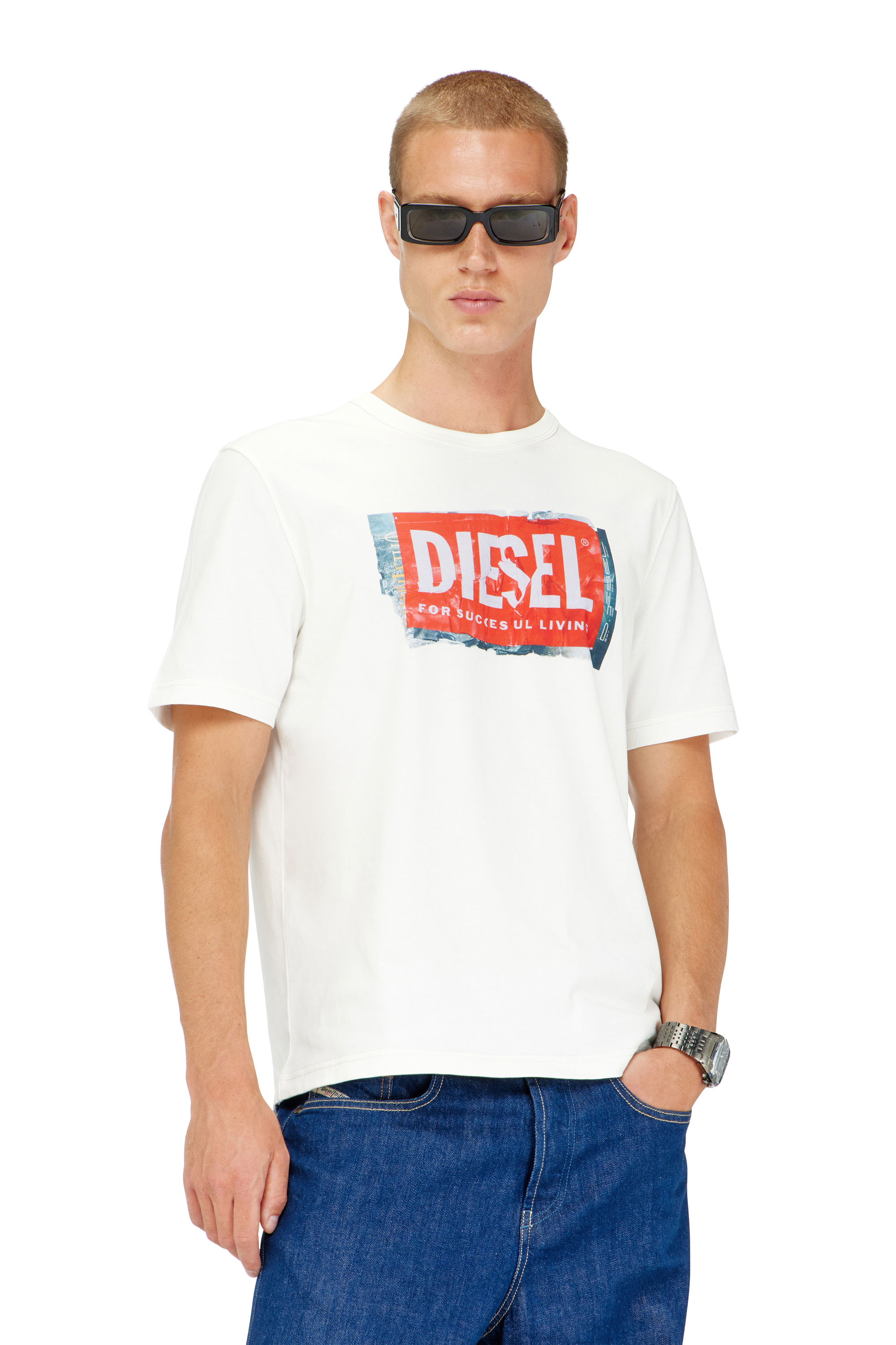 Diesel - T-ADJUST-Q6, Herren T-Shirt mit Logo in Knitter-Optik in Wei&szlig; - 3