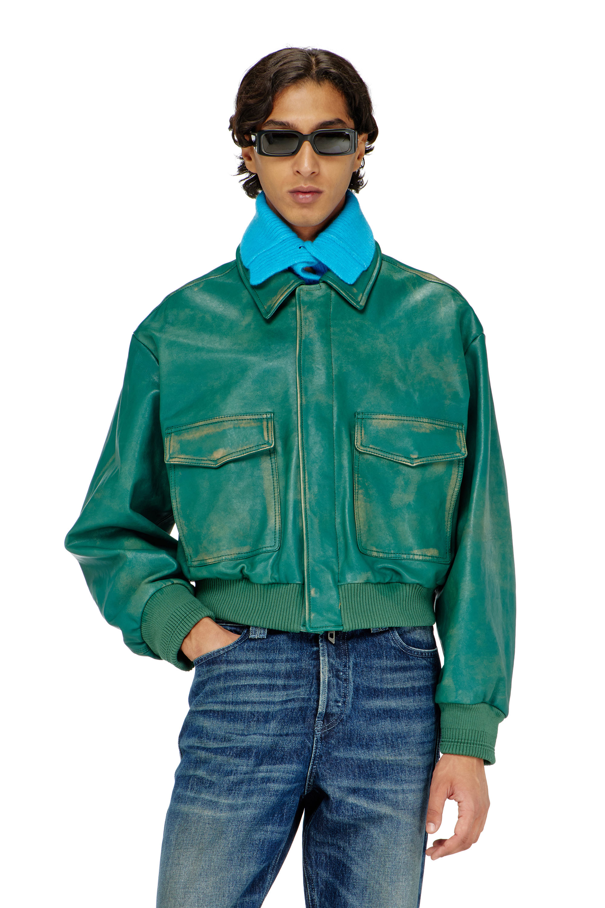 Diesel - L-UMAN, Giacca aviator in pelle lavorata Uomo in Verde - 1