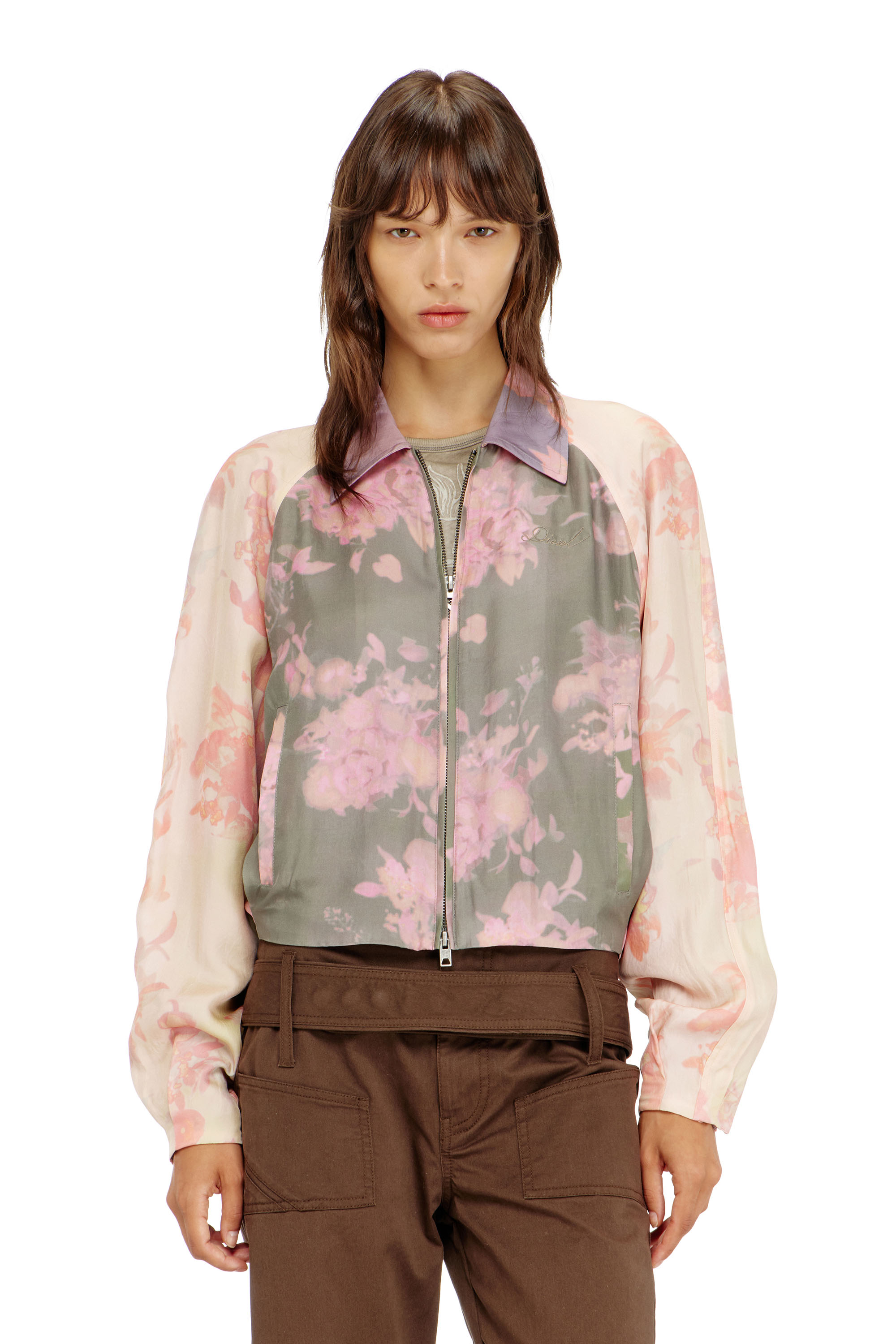 Diesel - G-ALENA, Blouson bomber fleuri en ac&eacute;tate froiss&eacute; Femme in Polychrome - 1