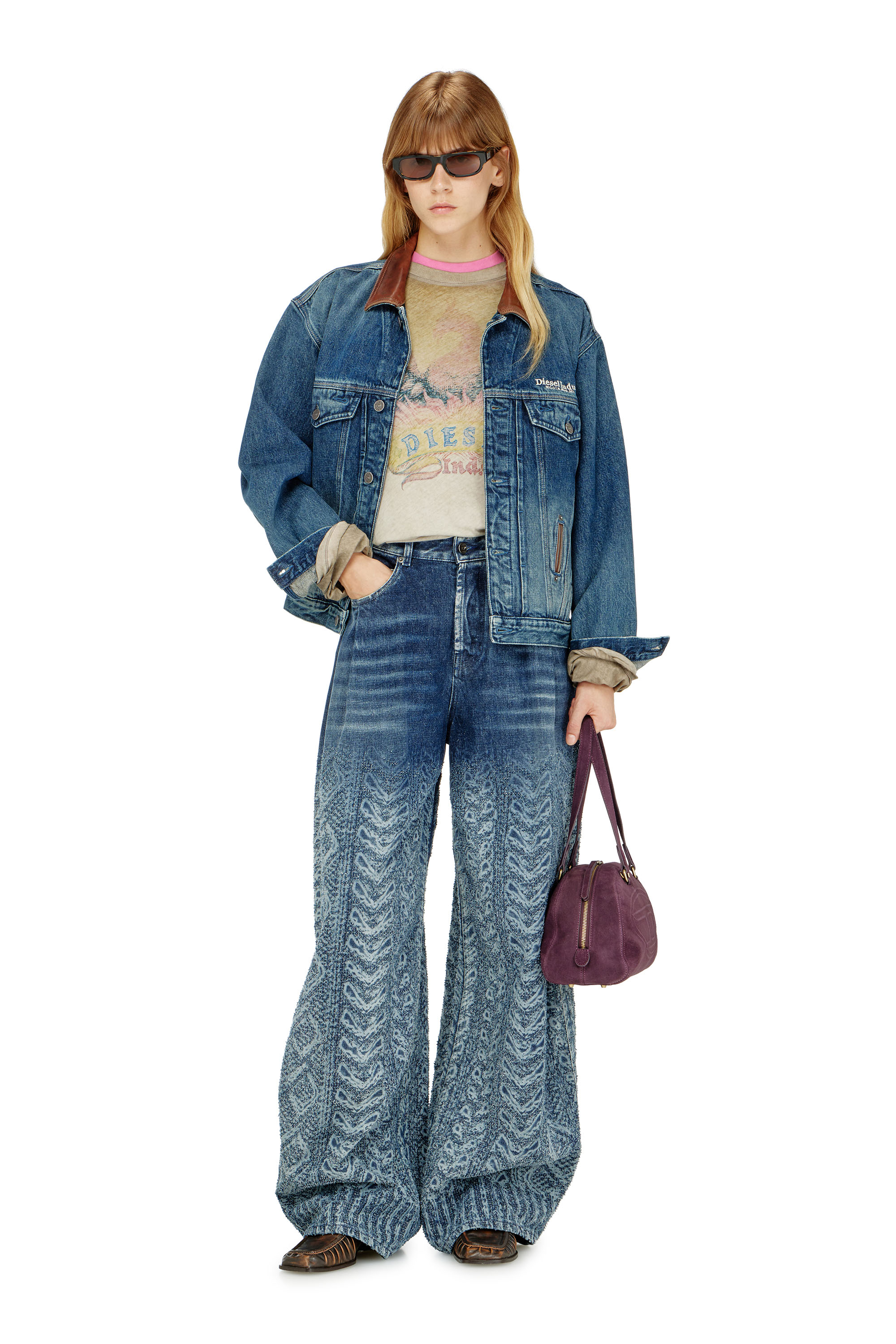 Diesel - D-DENVER-S1, Veste en denim de type trucker avec garnitures en cuir contrastant. Mixte in Bleu - 4