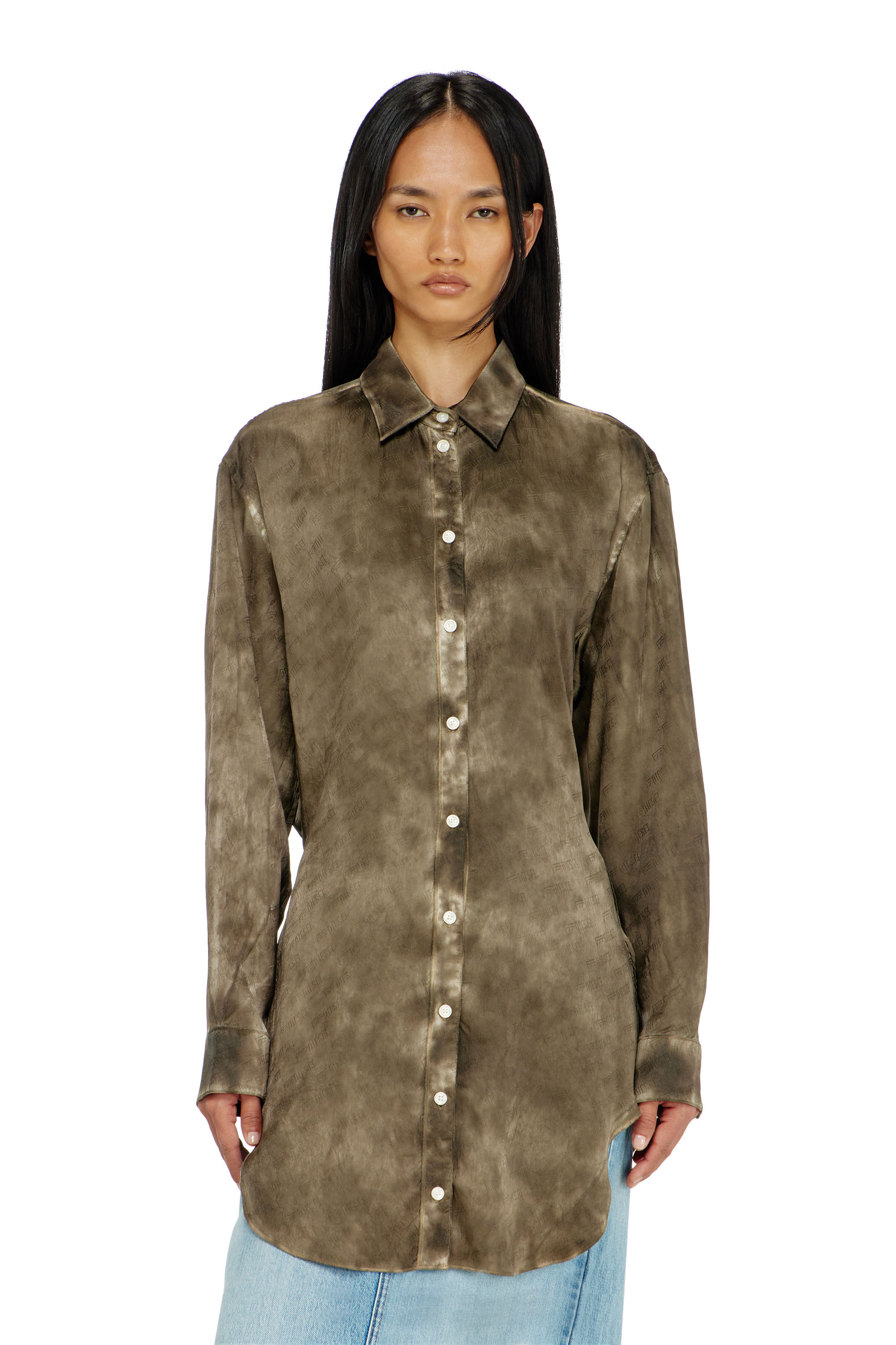 Diesel - C-LAVEL, Chemise longue en satin gaufr&eacute; logo-jacquard Femme in Vert - 4