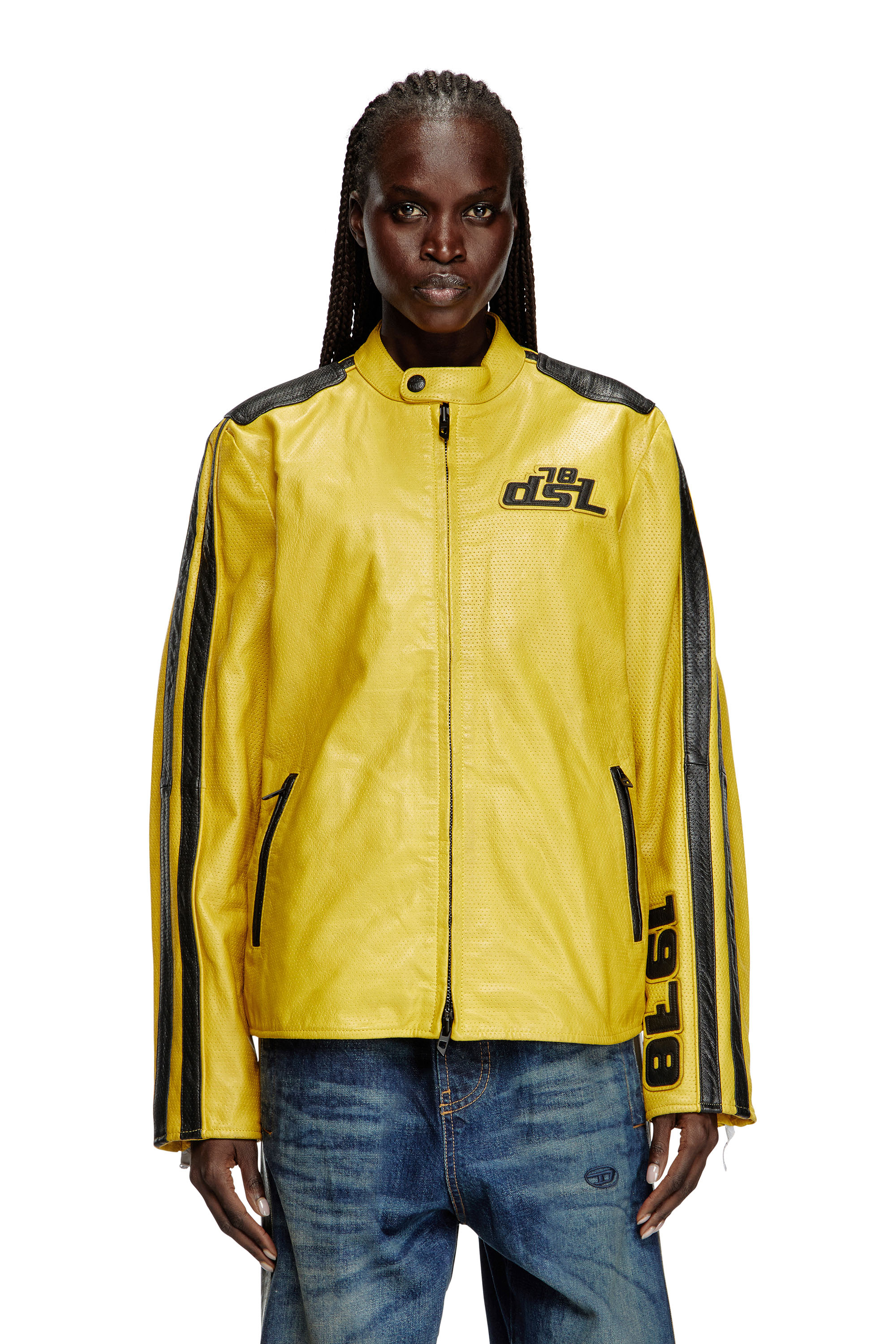 Diesel - L-POP, Giacca biker in pelle traforata Unisex in Giallo - 1