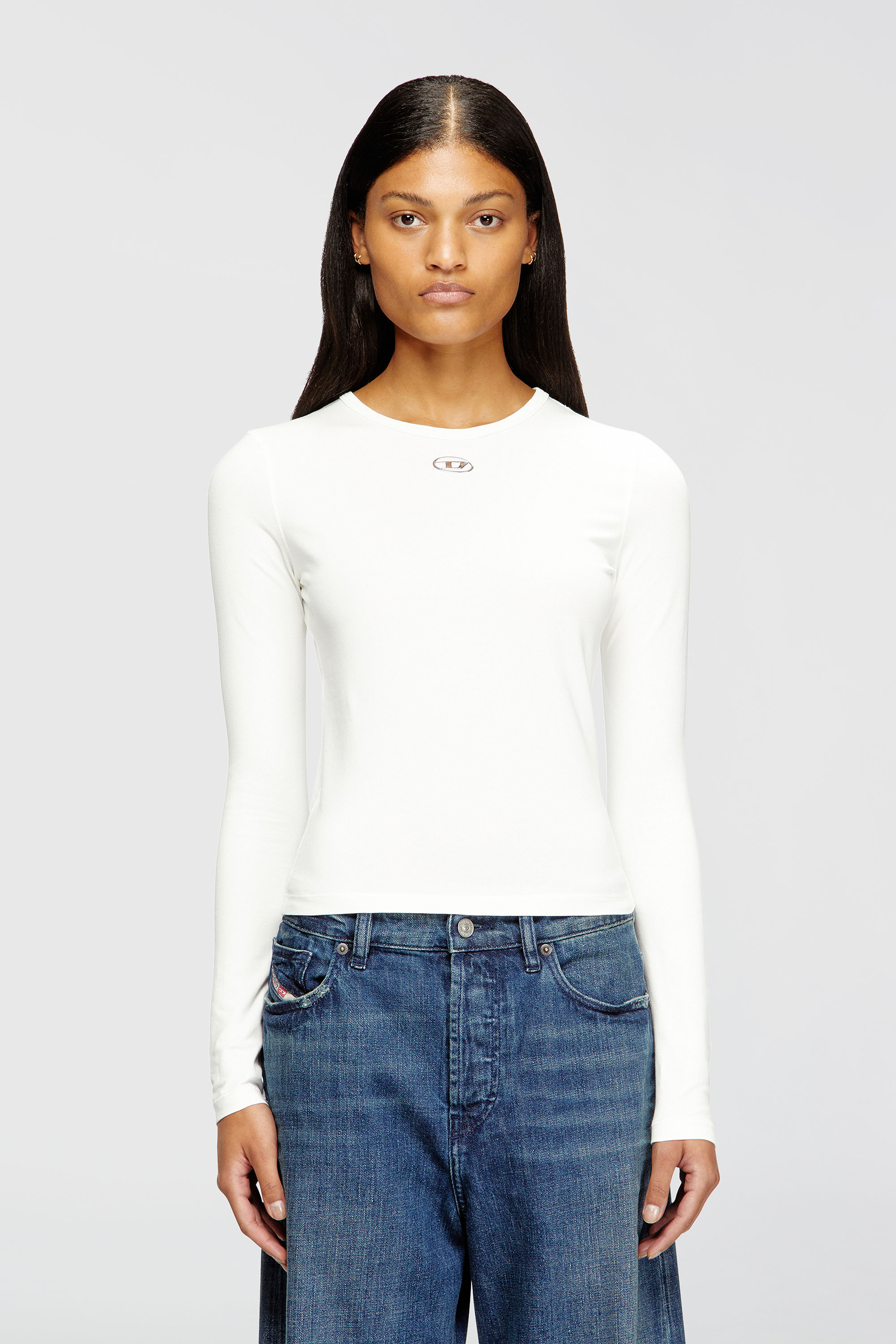 Diesel - T-UNCUTIESLONG-LS-OD, Pull en coton avec logo Oval D Femme in Blanc - 1