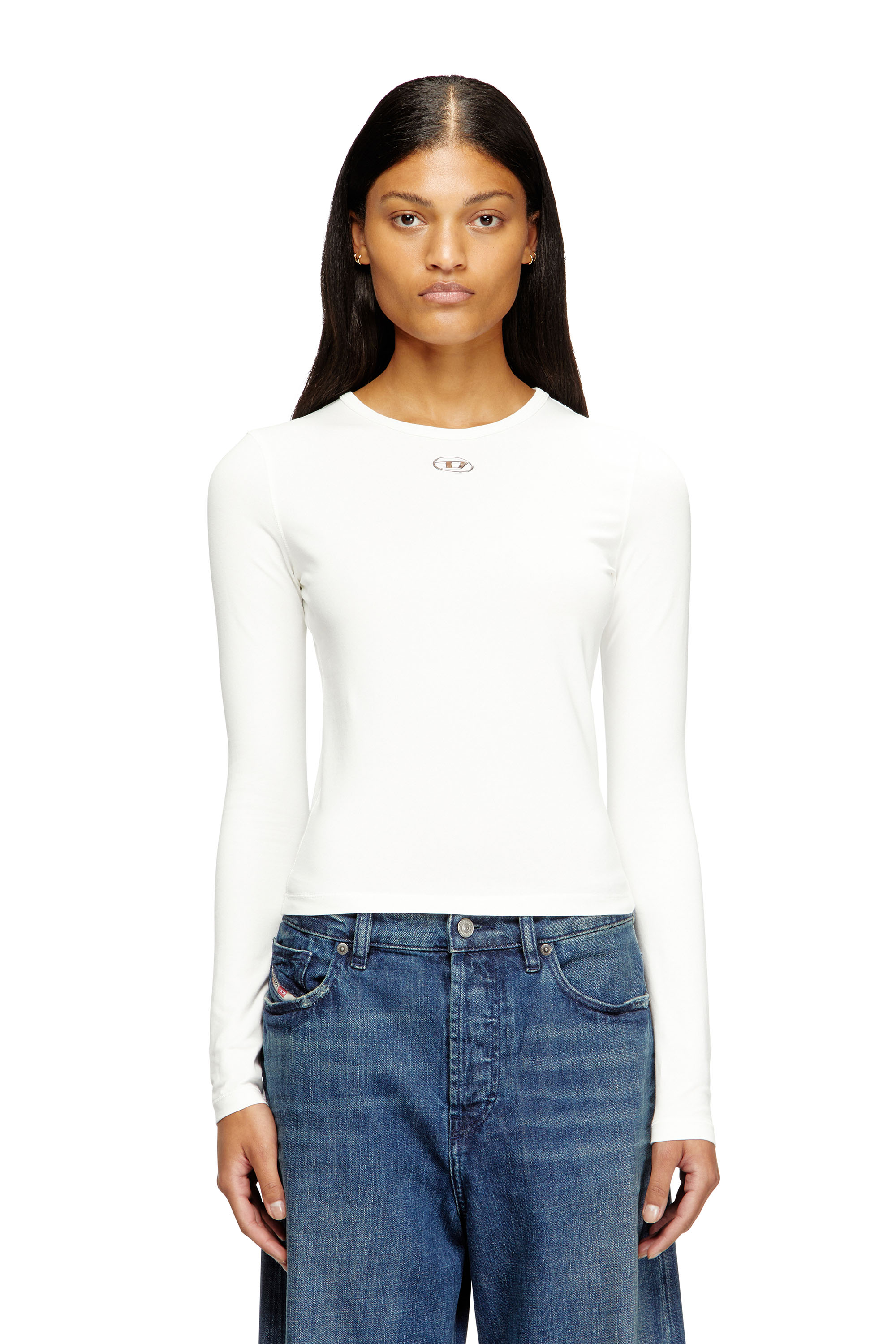 Diesel - T-UNCUTIESLONG-LS-OD, Damen Baumwollpullover mit Oval-D-Logo in Weiß - 1