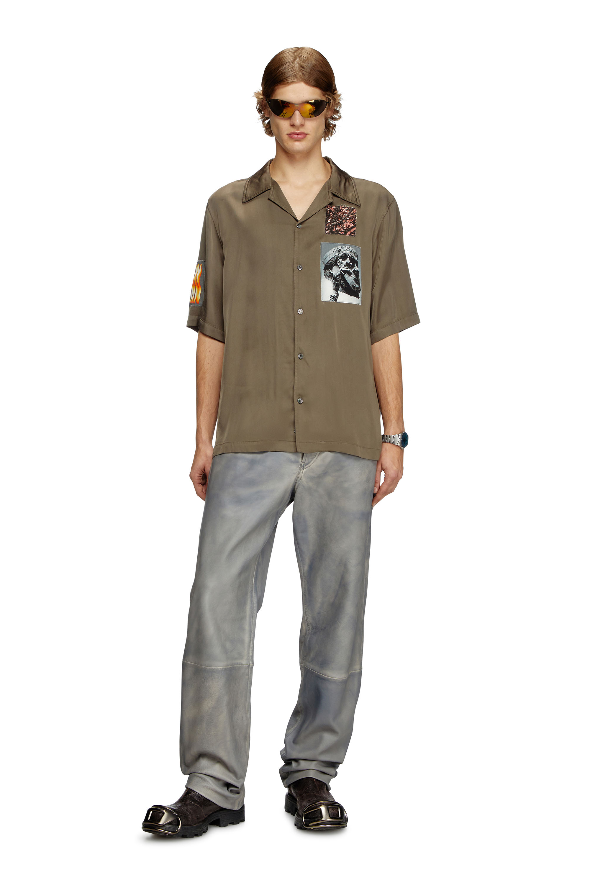 Diesel - S-DAXHE, Camicia a maniche corte in raso con patch Uomo in Verde - 2