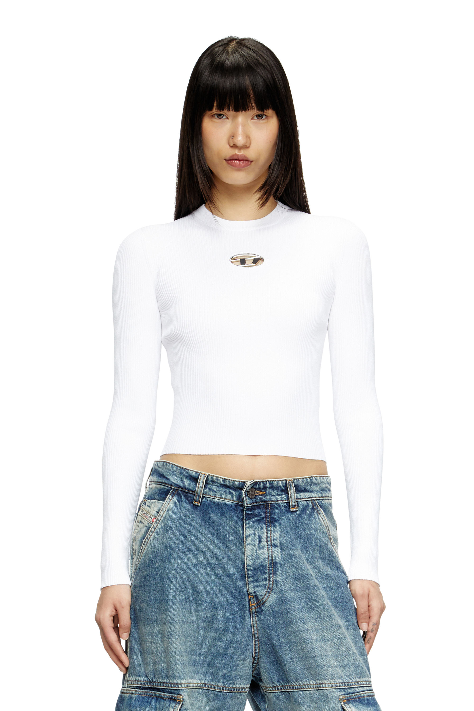 Diesel - M-VALARI, Top a coste in viscosa con Oval D Donna in Bianco - 1