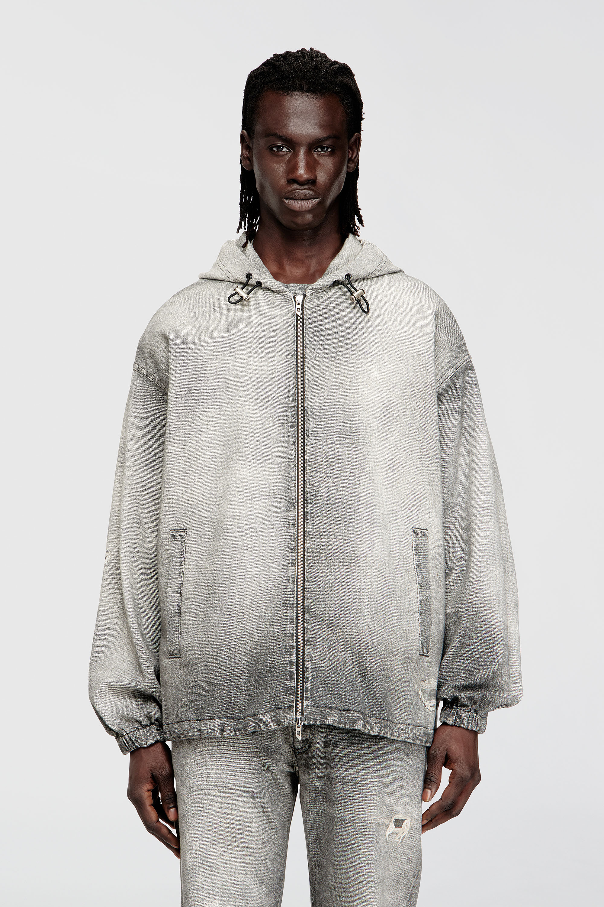Diesel - D-WYNNY JOGG, Herren Kapuzenjacke aus Trompe-l'oeil-JoggJeans in Grau - 1