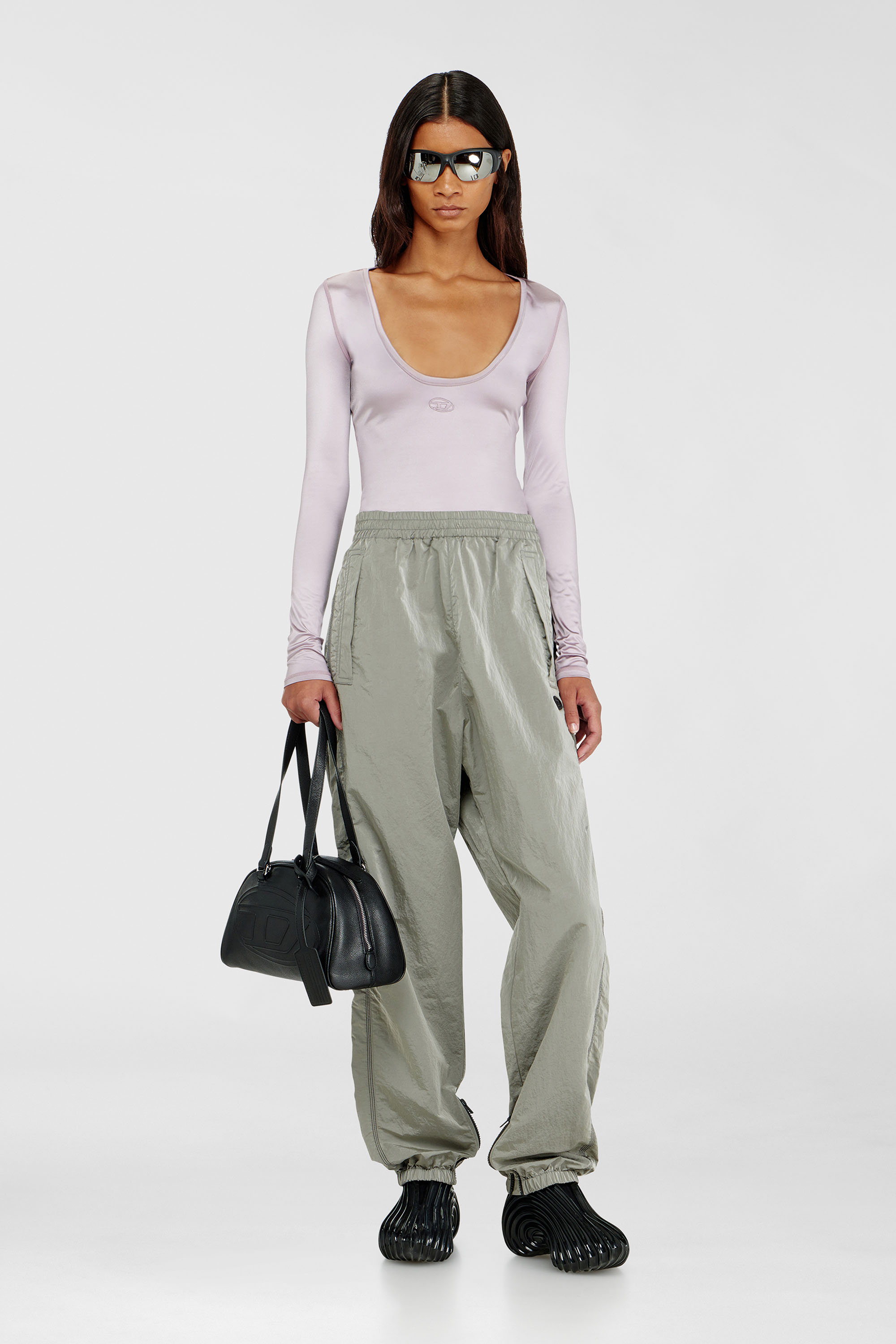 Diesel - T-ELPHIN-LS, Top slim in nylon con scollo rotondo e ricamo Logo Oval D Donna in Viola - 2