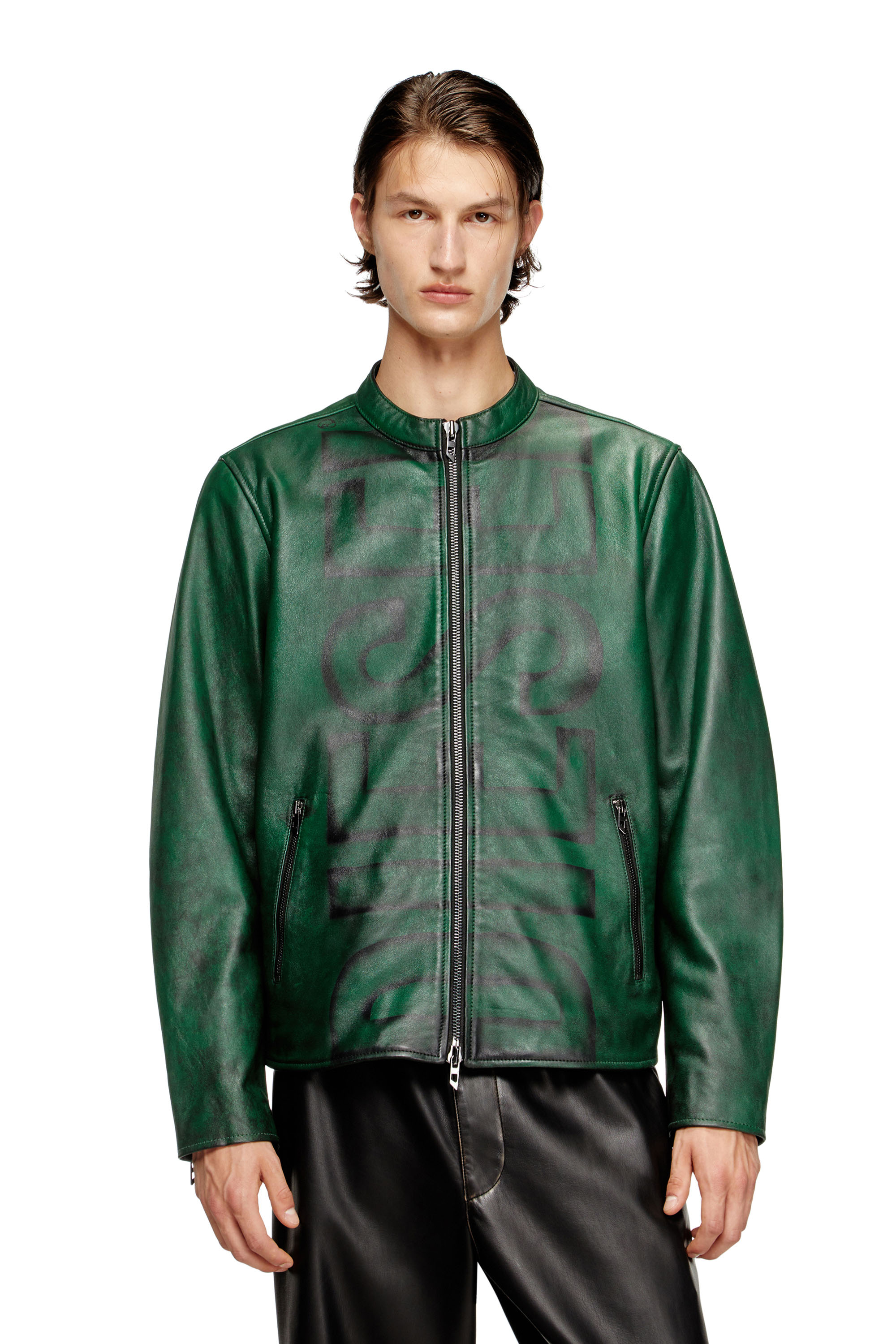 Diesel - L-EVERT-A, Veste de motard en cuir traité avec logo délavé Homme in Vert - 1