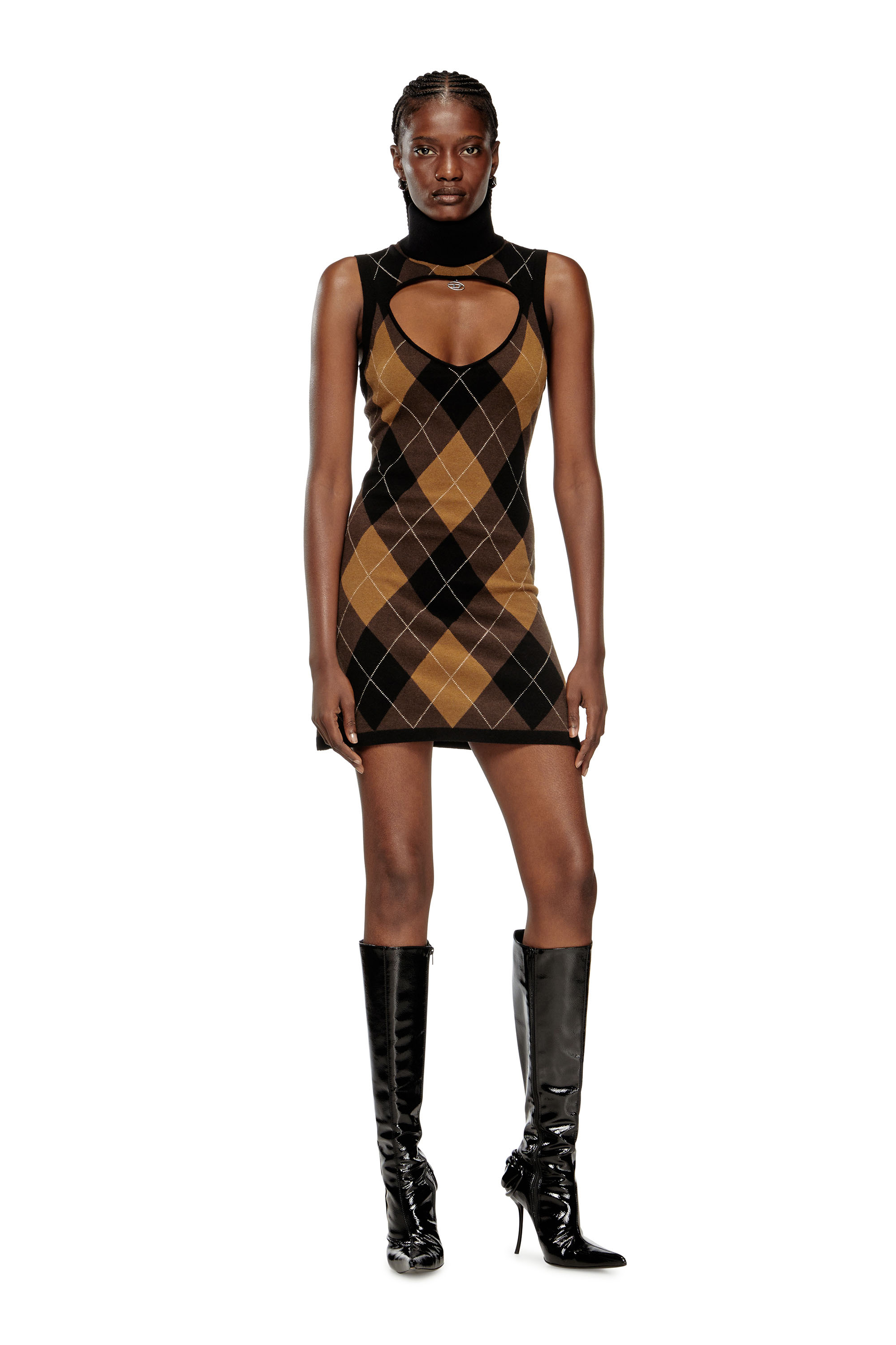 Diesel - M-ROMKO-DRESS, Damen Wollkleid mit Argyle-Muster in Schwarz/Braun - 3