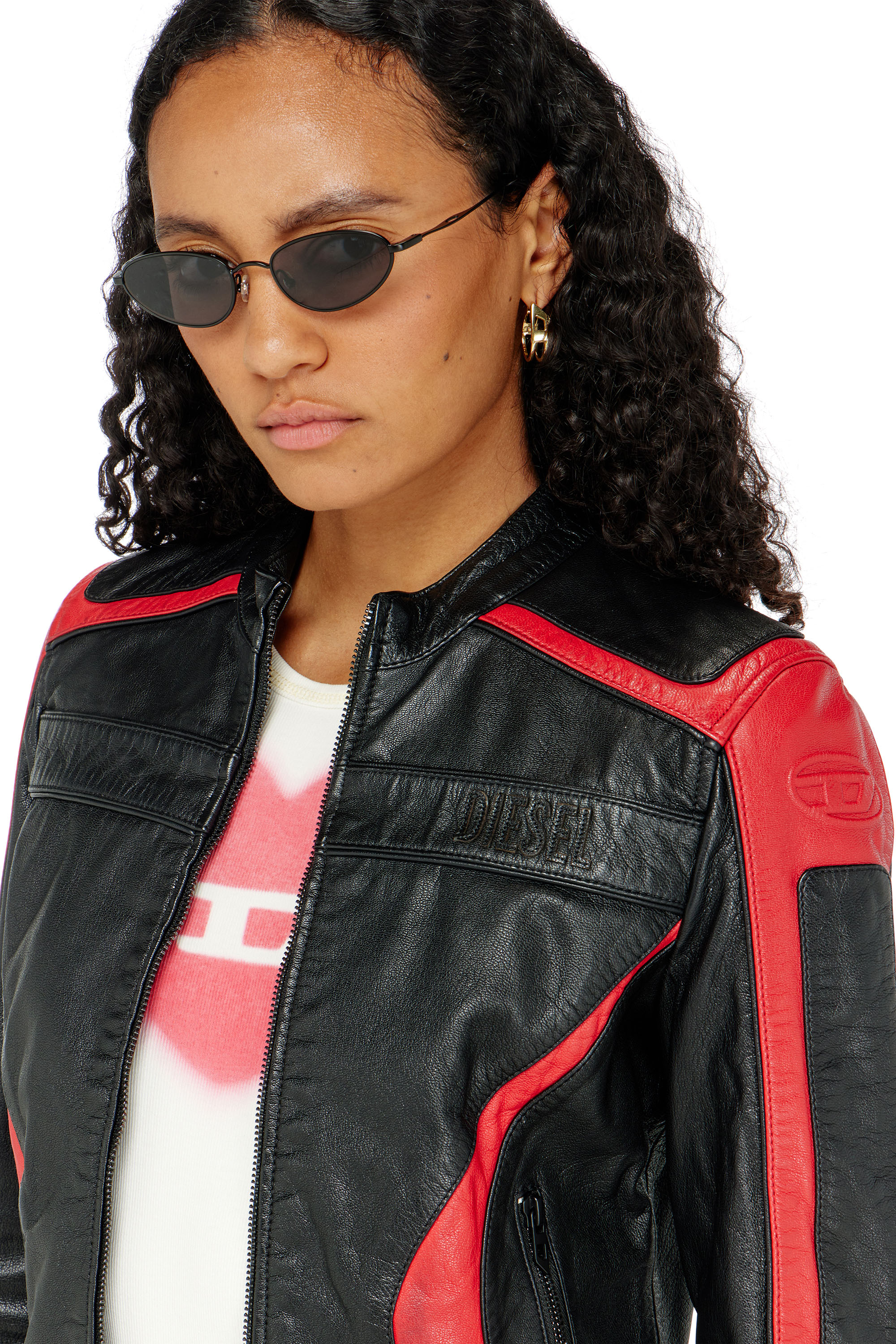 Diesel - L-OVABLE, Damen Bikerjacke aus Leder im Colour-Block-Design in Schwarz/Rot - 5