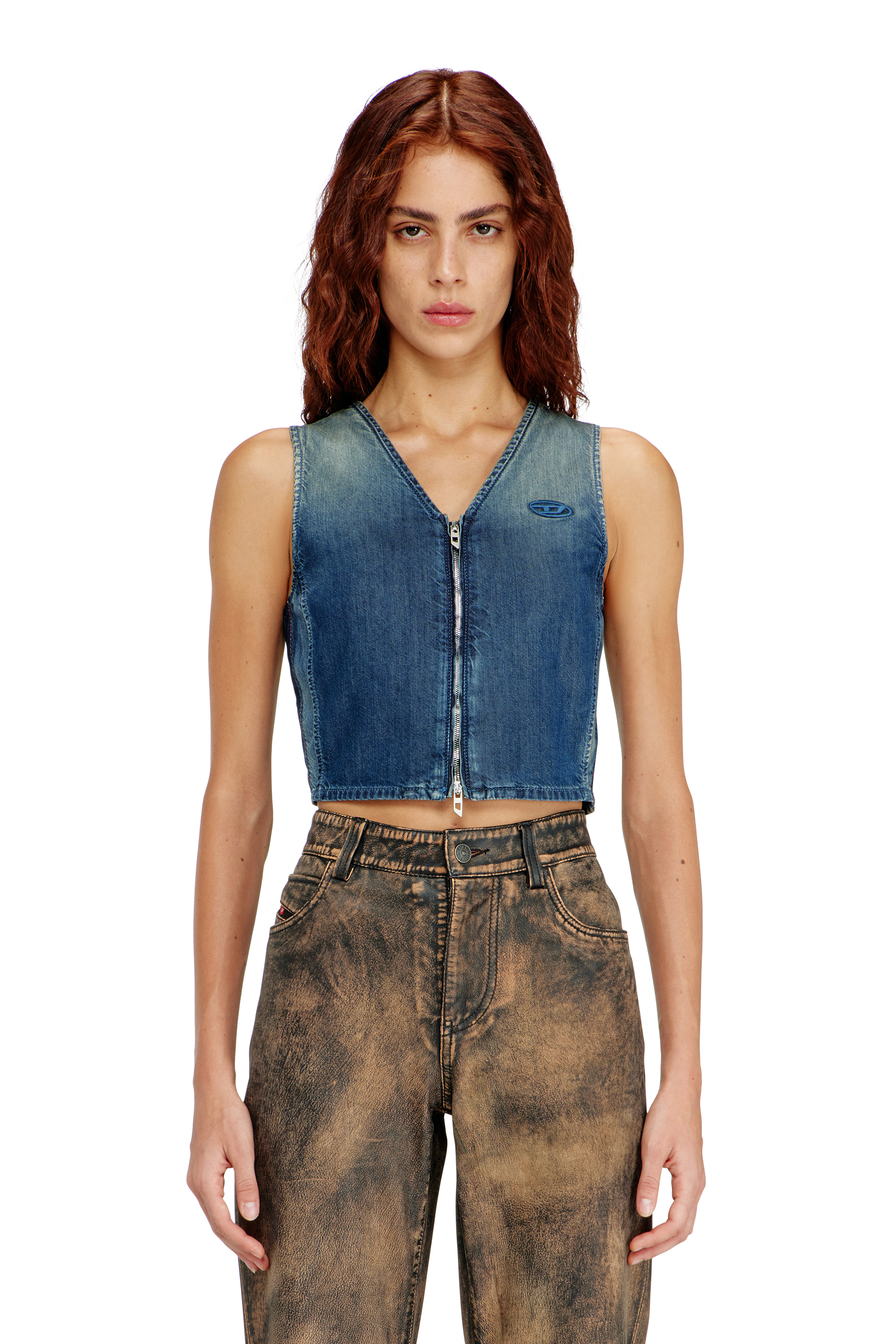 Diesel - DE-MEIO-S, Top corto in denim con zip frontale Donna in Blu - 3