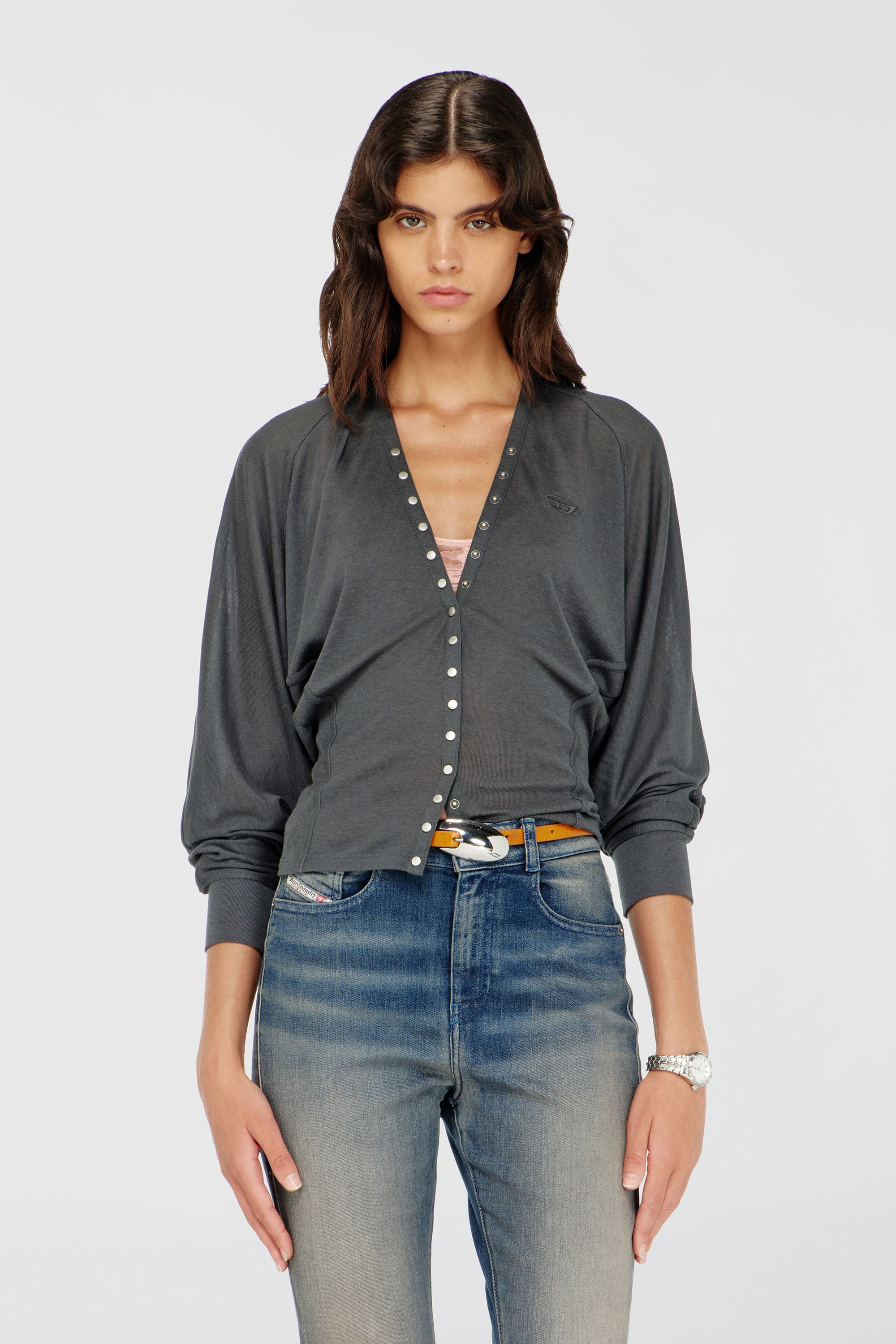 Diesel - T-ISERINA, Top cardigan en m&eacute;lange Tencel &agrave; manches chauve-souris Femme in Gris - 1