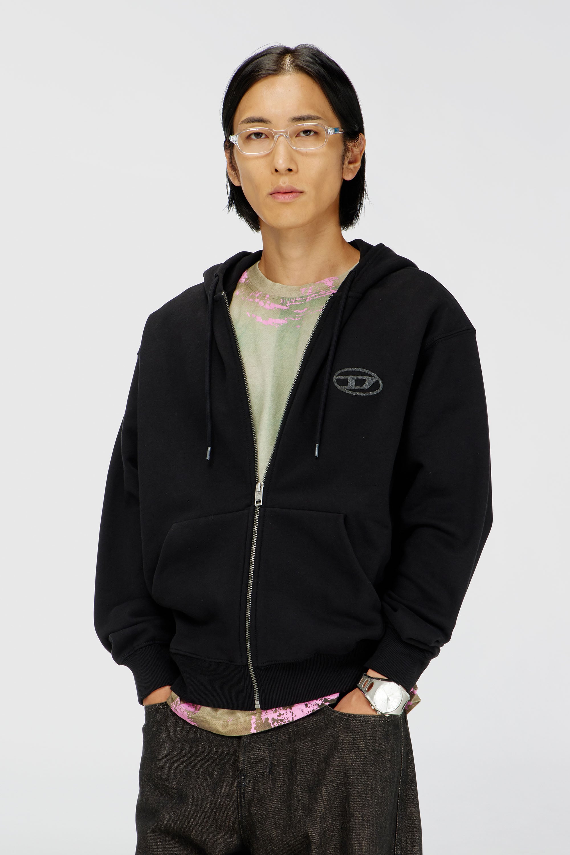 Diesel - S-LUK-HZ-T92, Sweat &agrave; capuche en coton avec broderie logo Oval D ton sur ton Homme in Noir - 1