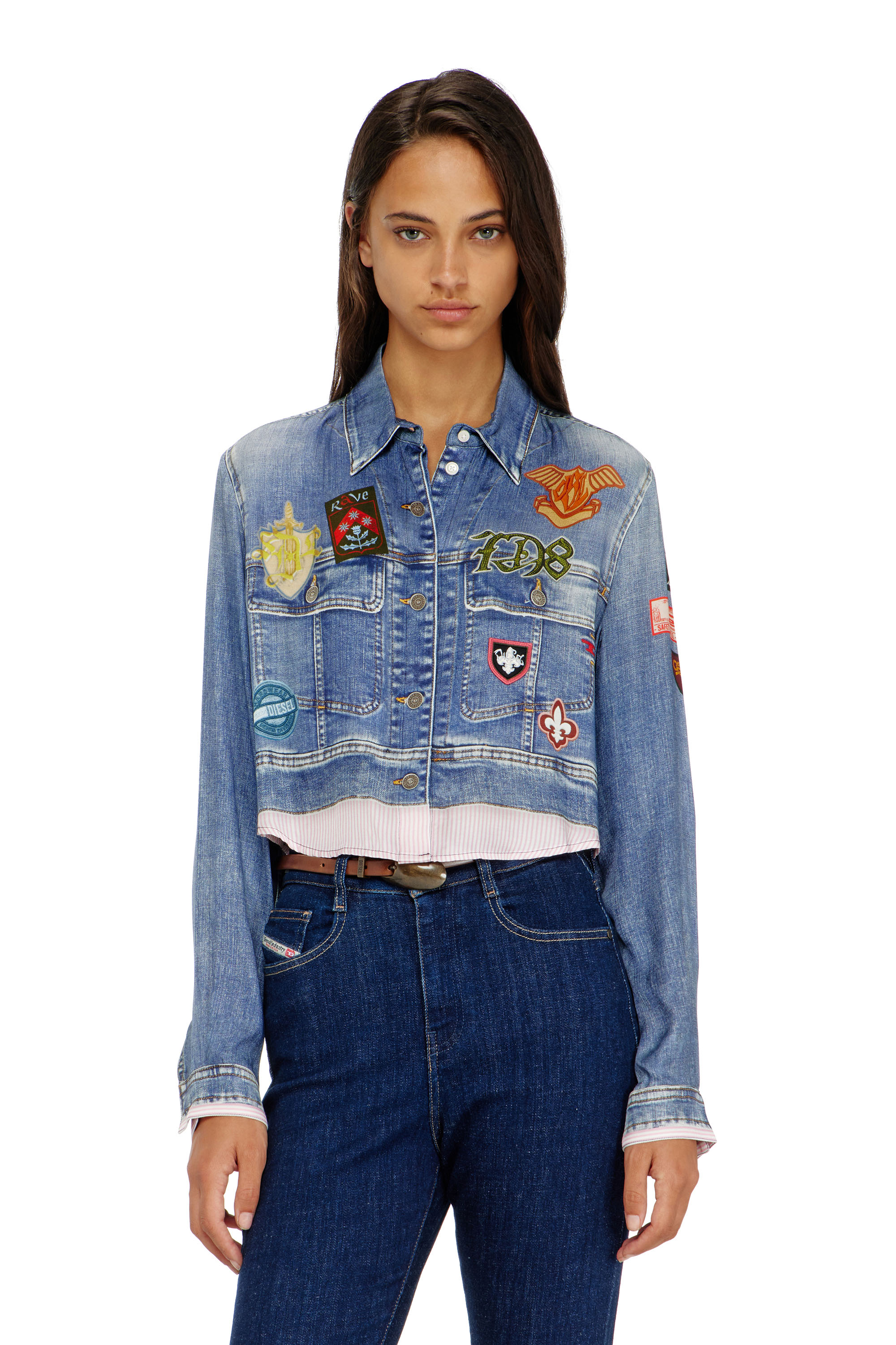 Diesel - C-LONE, Damen Cropped-Satinhemd mit trompe-l&rsquo;oeil-Denim-Print in null - 1