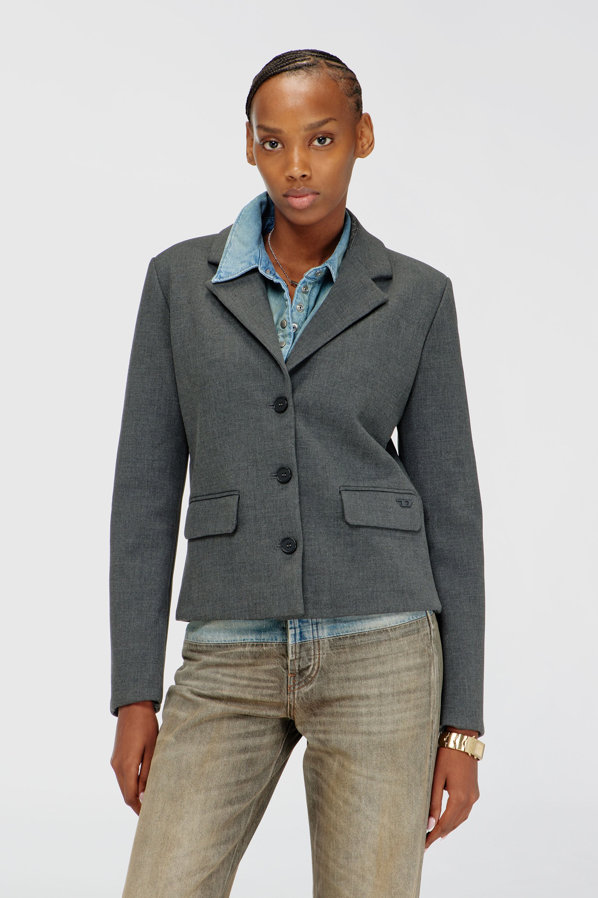 Diesel - G-LINTY, Damen Kurzblazer mit Kragen in Denim-Optik in Grau - 1