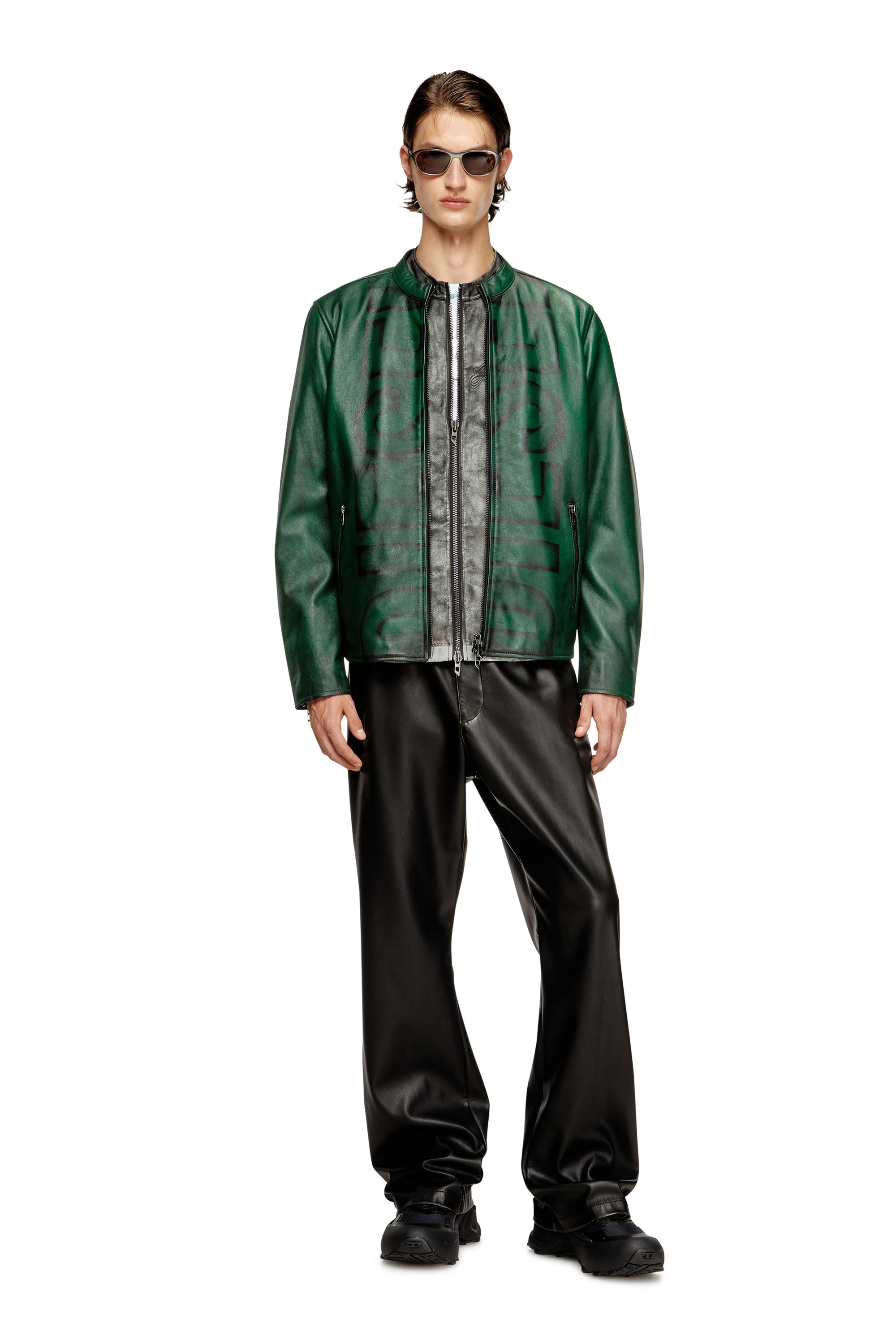 Diesel - L-EVERT-A, Giacca biker in pelle trattata con logo Uomo in Verde - 1
