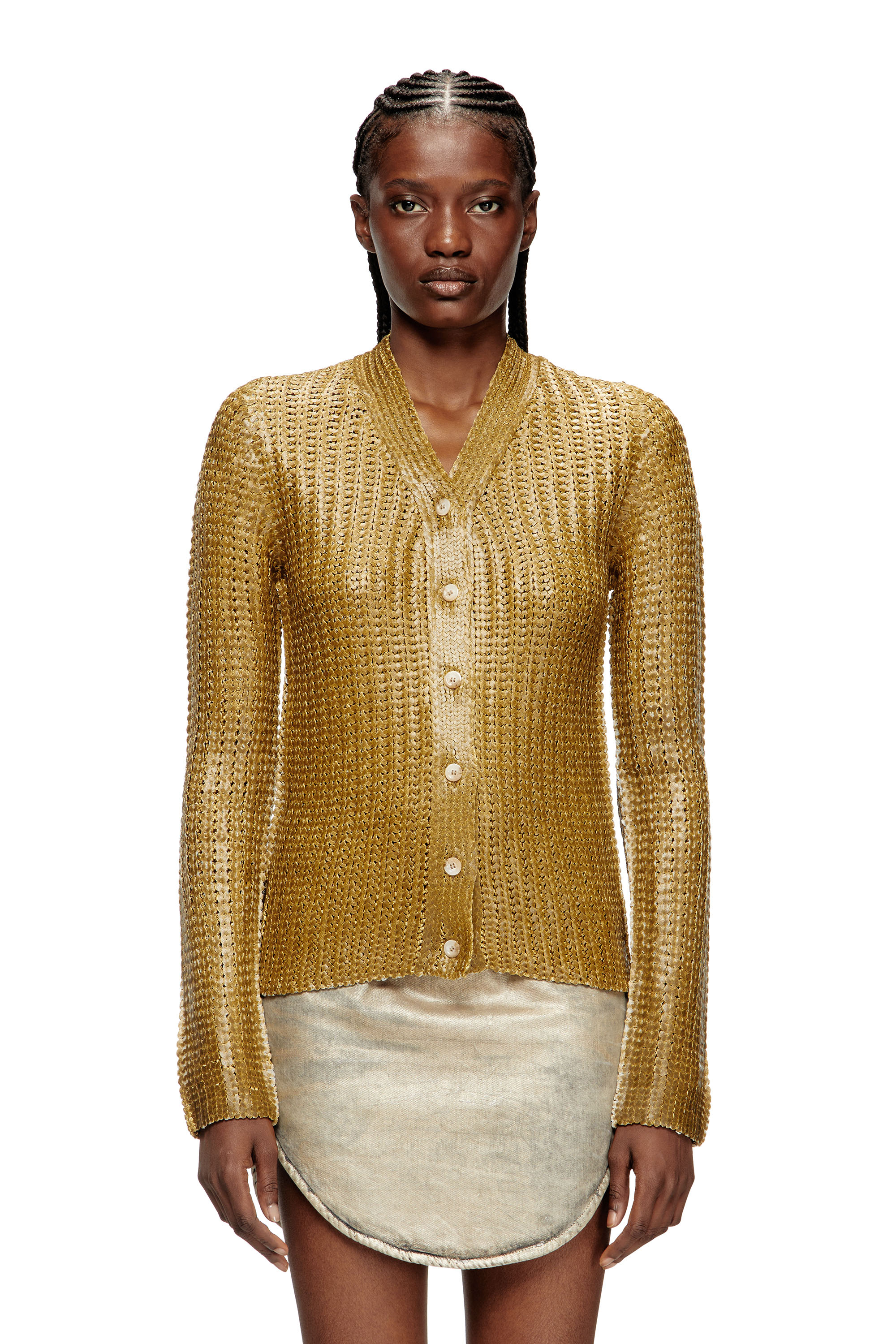 Diesel - M-MILLO, Cardigan côtelé avec effet brillant Femme in Marron - 1