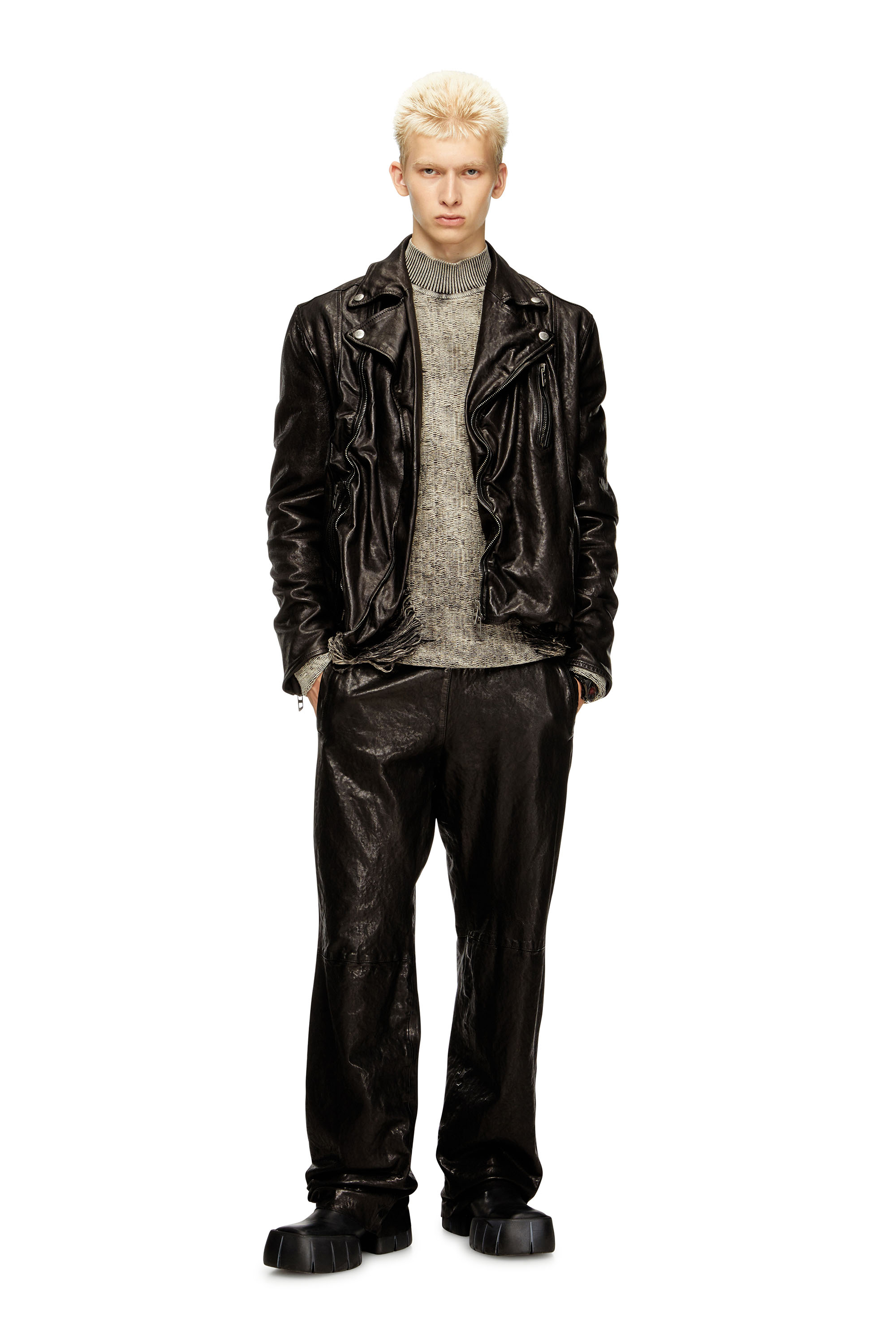 Diesel - L-UNCAN, Giacca biker in cuir-bouilli Uomo in Nero - 1