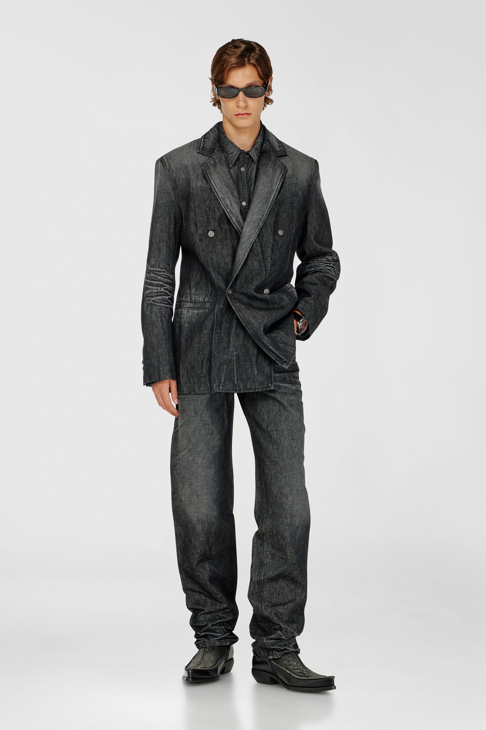 Diesel - D-KOT-FSJ, Man's Double-breasted blazer in creased denim in Black/Dark grey - 2