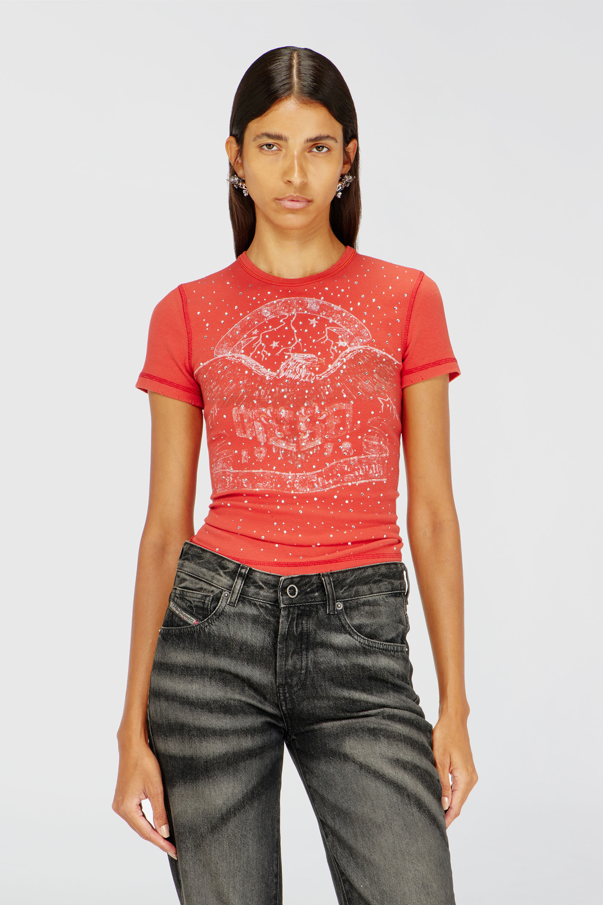 Diesel - T-MARSY-RIB-CRY, T-shirt con grafica concerti e cristalli Donna in Rosso - 1
