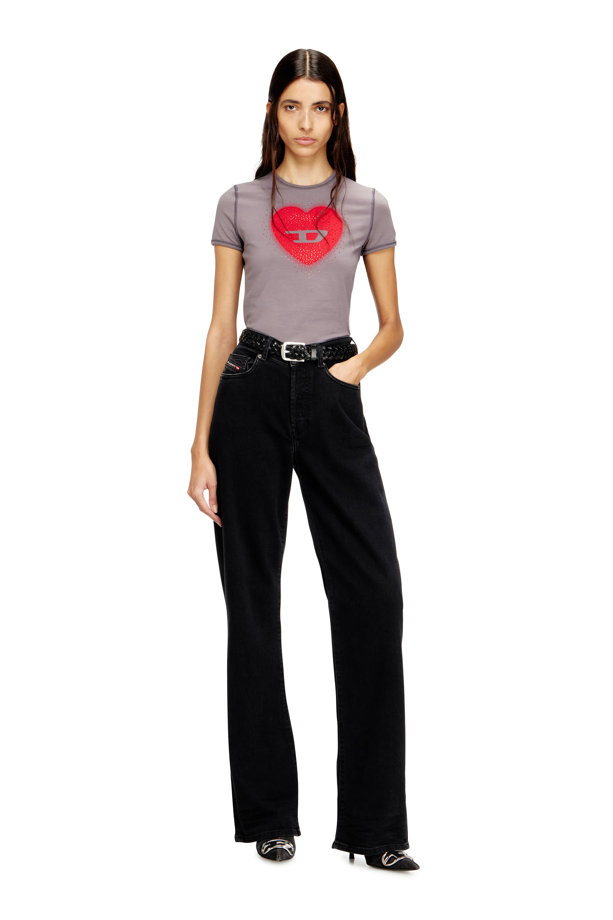 Diesel - T-UNCUTIES-LONG-S5, T-shirt slim con stampa a cuore e borchie Donna in Grigio - 2