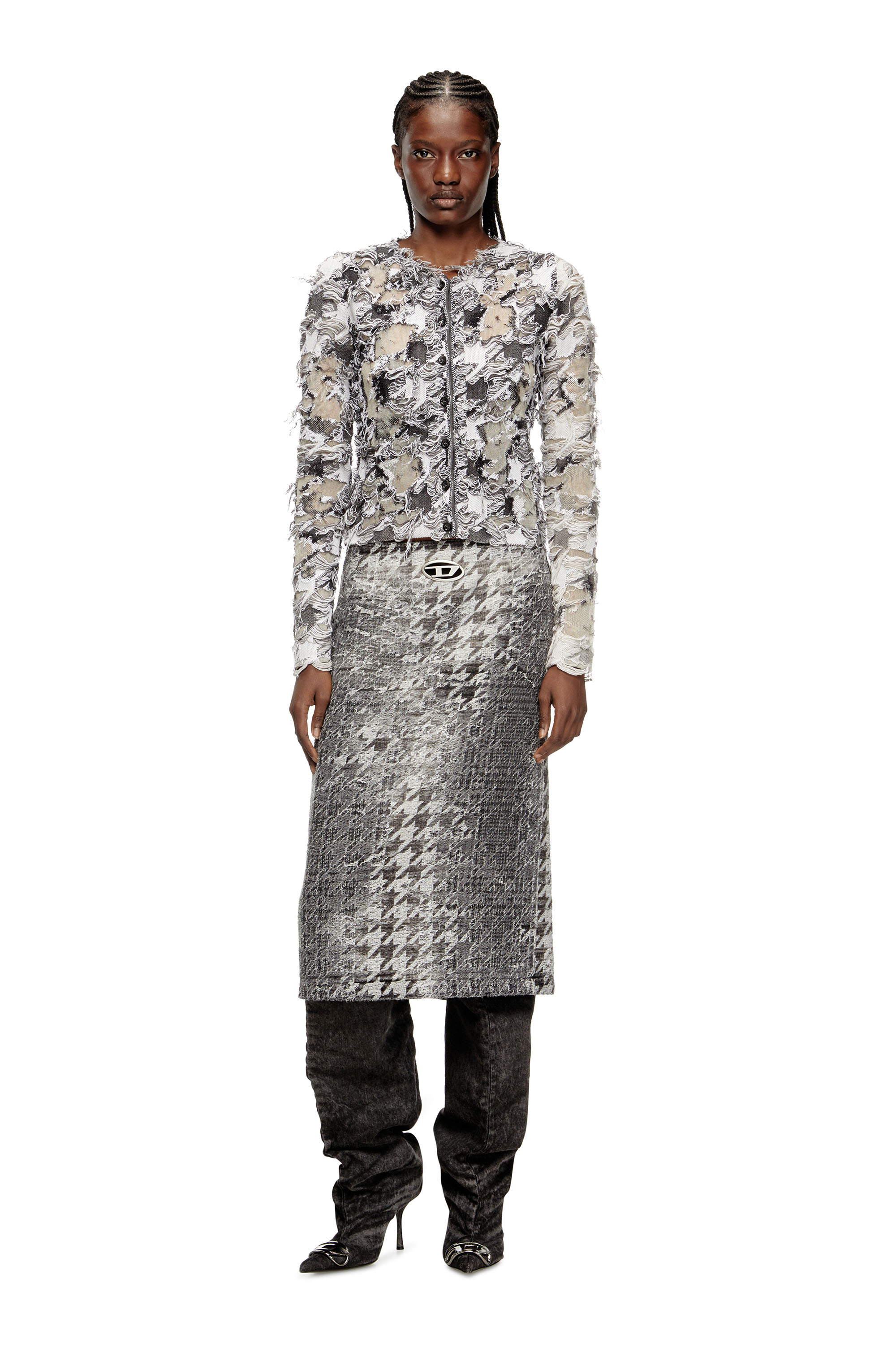 Diesel - DE- RATHIAN-FSH, Damen Midi-Rock aus Prince-of-Wales-Jacquard-Denim in Schwarz/Weiss - 2