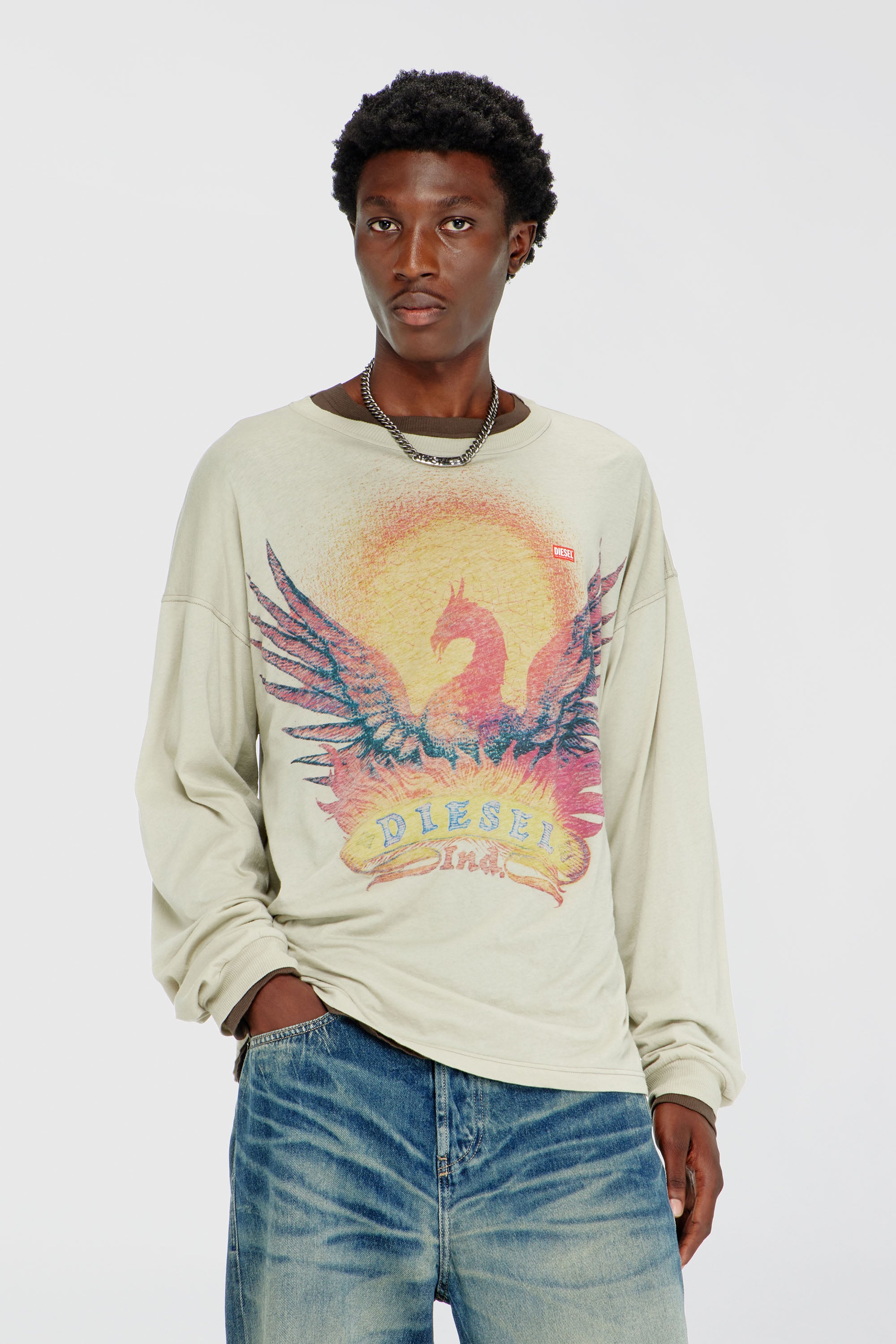 Diesel - T-BOXT-LS-AA1, Herren Langarm-T-Shirt mit Phoenix-Motiv in Beige - 1