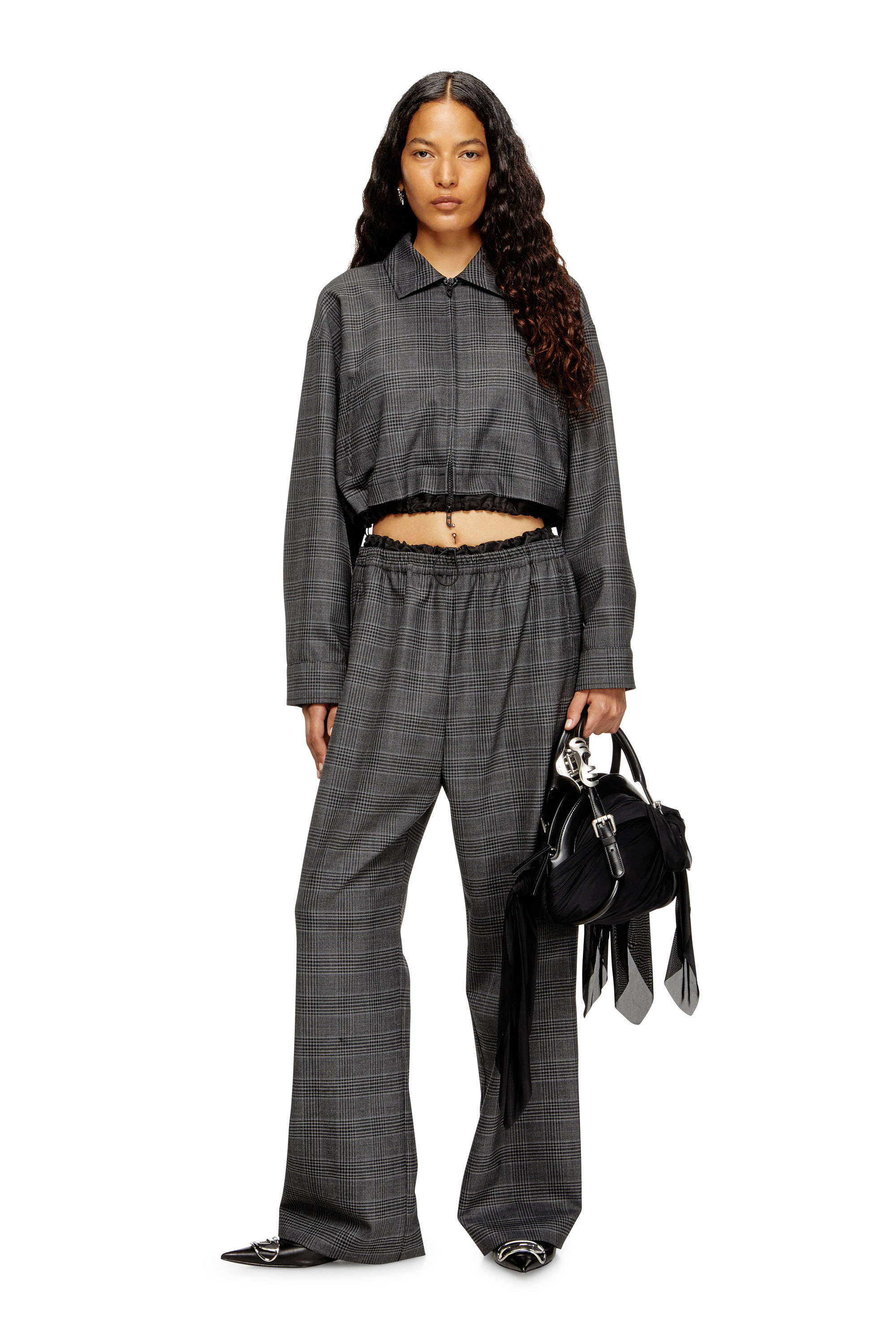 Diesel - J-TING-FEM, Damen Verkürzte Coach-Jacke aus Prince-of-Wales-Wollmischung in Schwarz - 1