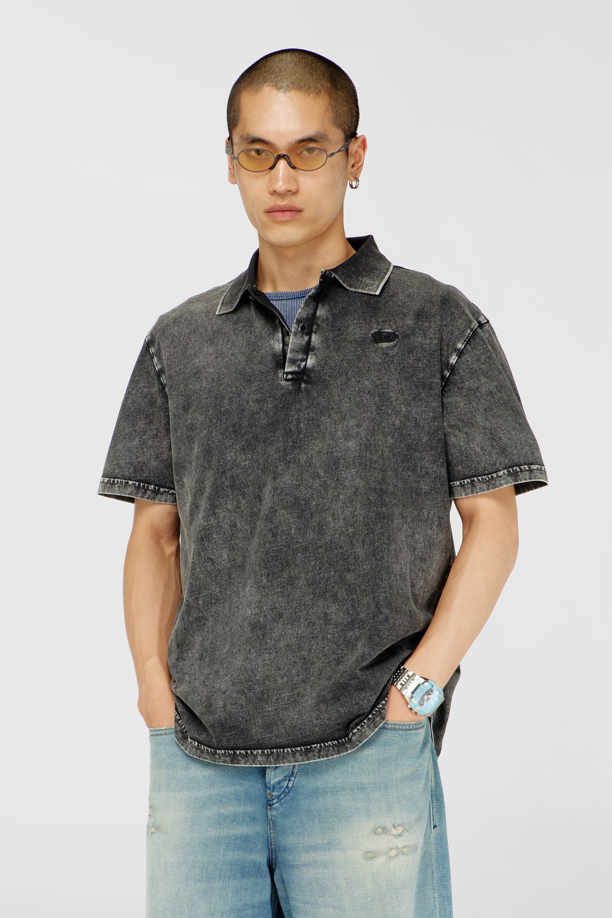 Diesel - T-REJUST-NC-DEN, Herren Polohemd aus Jersey mit Denim-Effekt in Dunkelgrau - 1